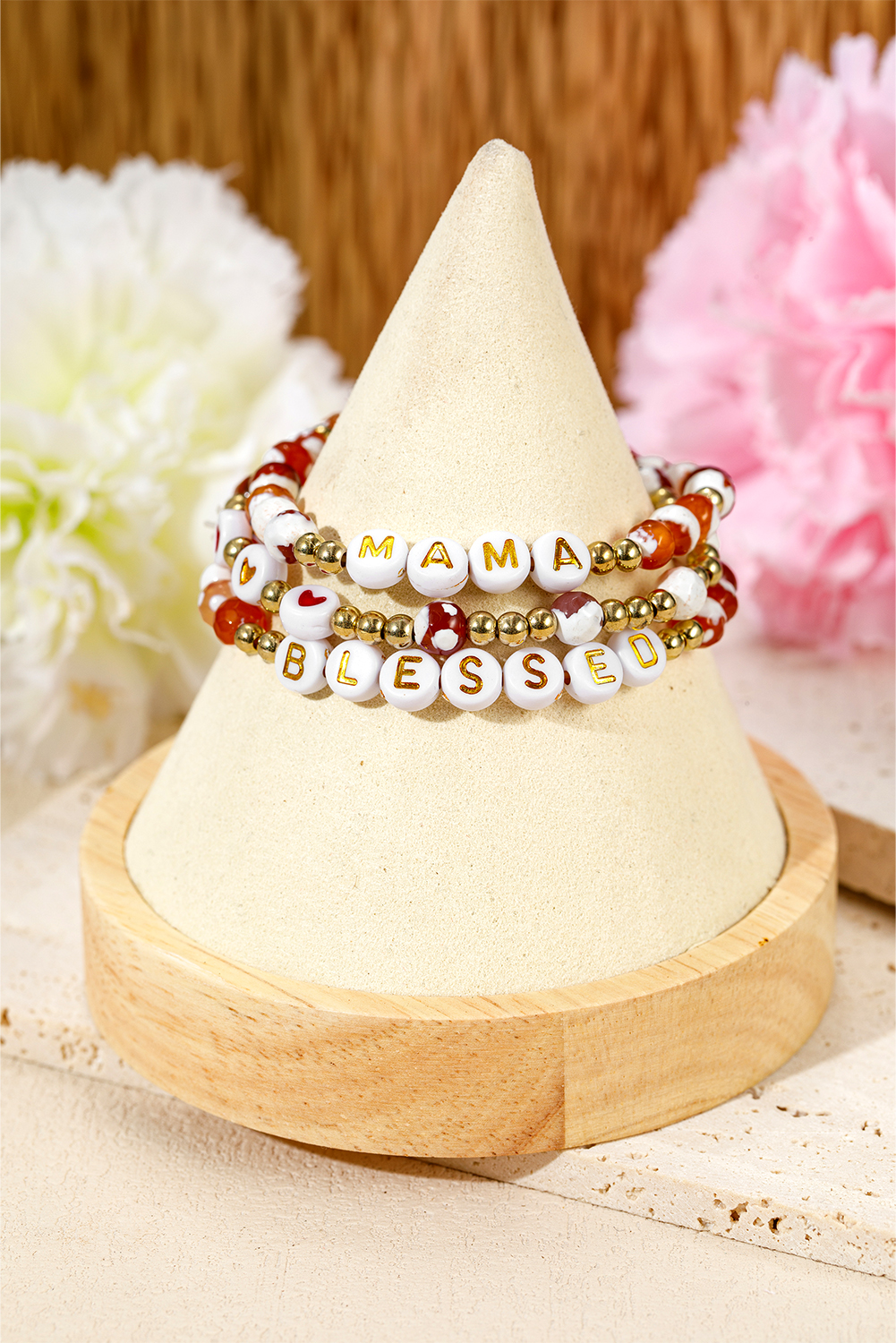 Gold MAMA Beaded Triple Layer Bracelet Set