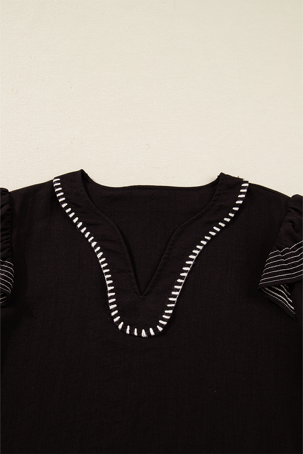 Black Contrast Stitched Detail V Neck Ruffle Long Sleeve Blouse