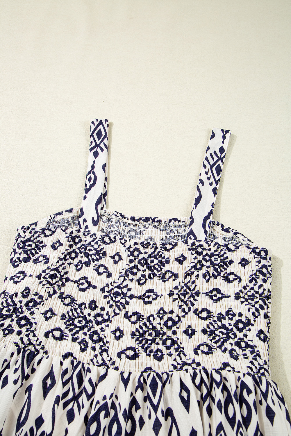 Blue Boho Geometric Print Shirred High Waist Wide Leg Jumpsuit