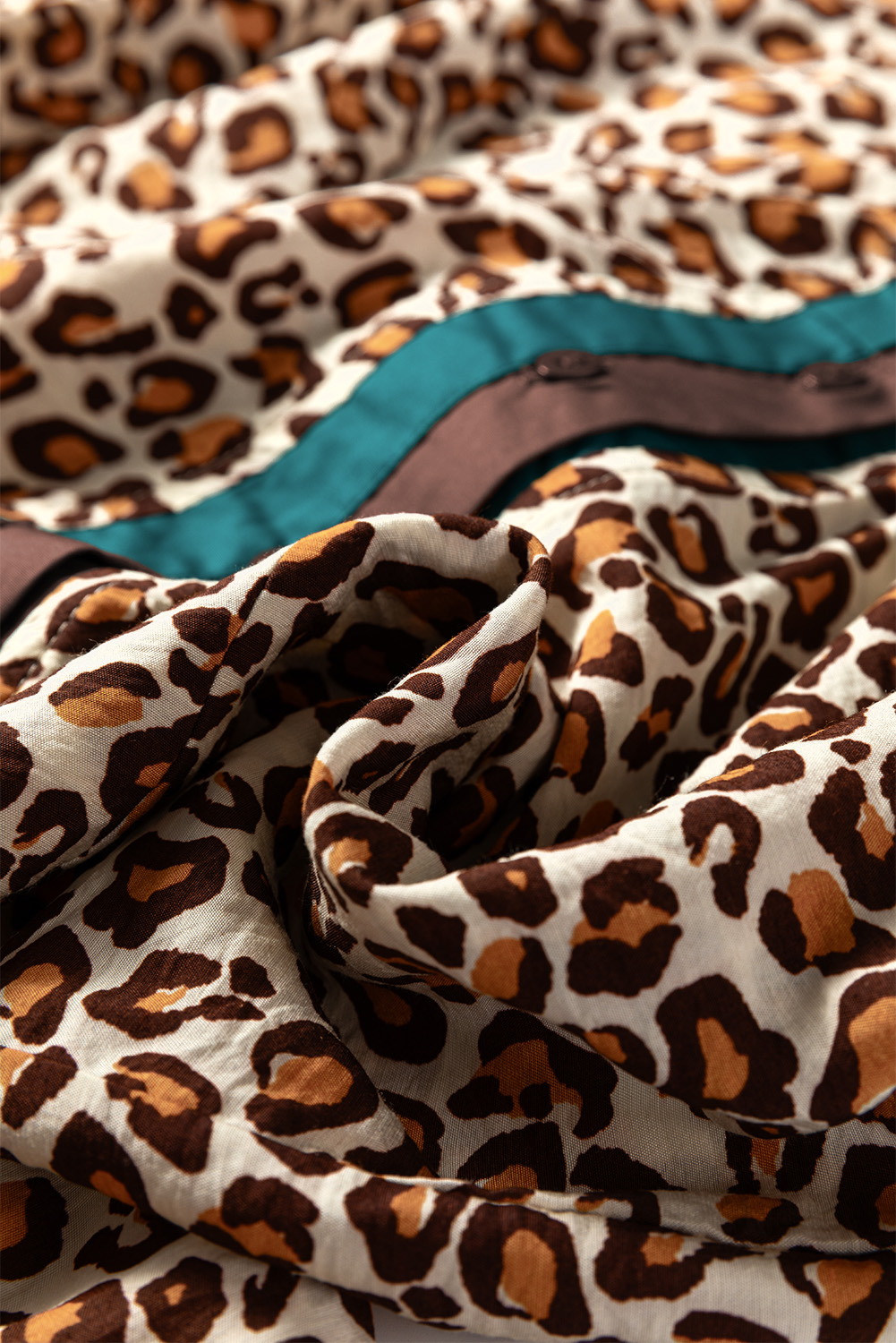 Brown Leopard Print Contrast Frilled Trim Button Down V Neck Shirt