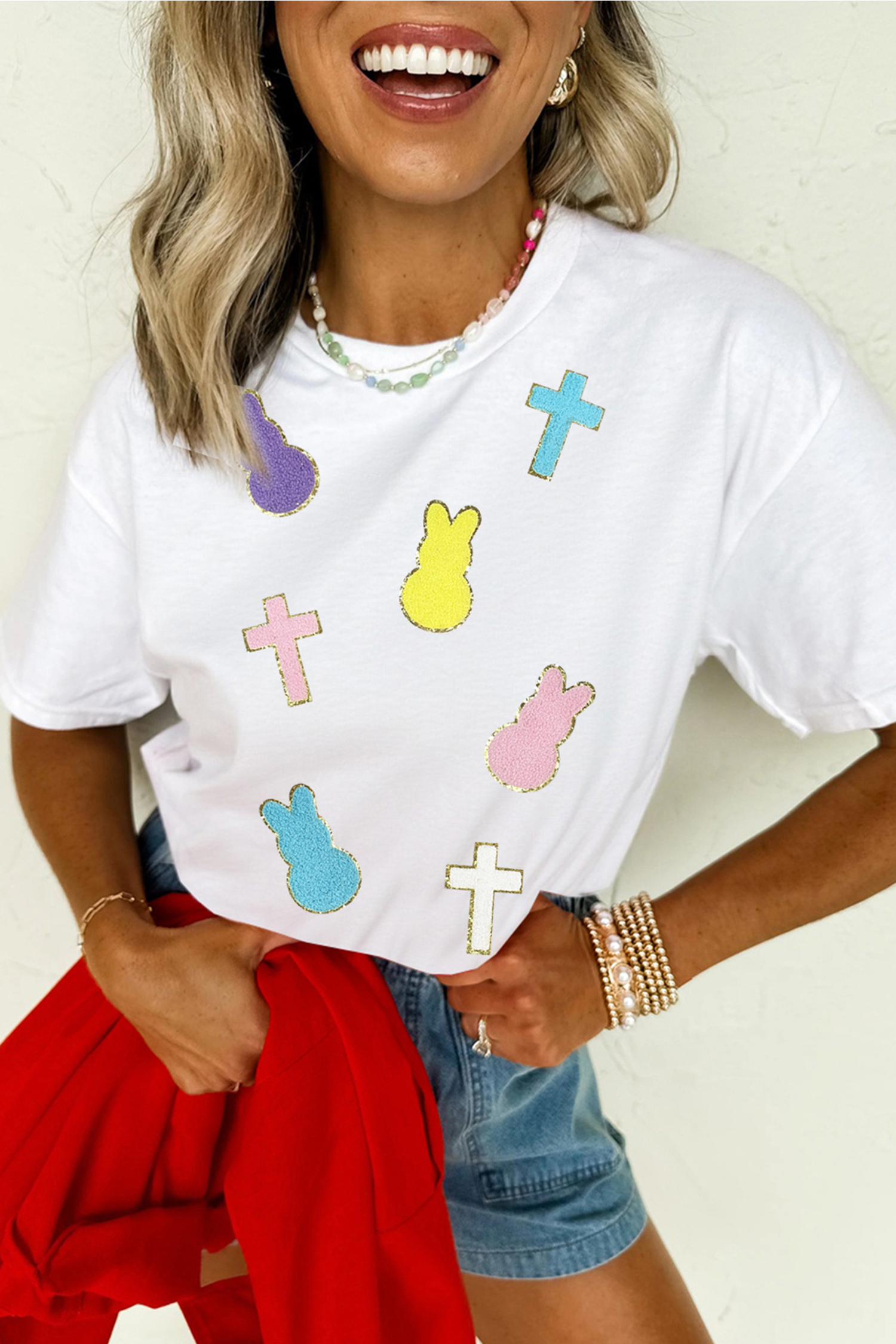 White Chenille Bunny Cross Patch Easter T Shirt