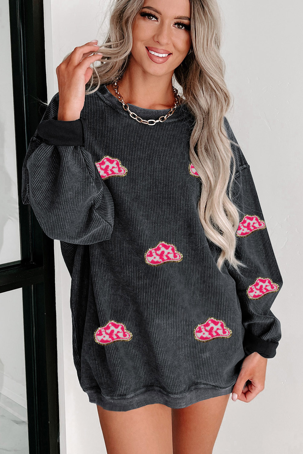 Pink Solid Ribbed Knit Round Neck Pullover Sweatshirt