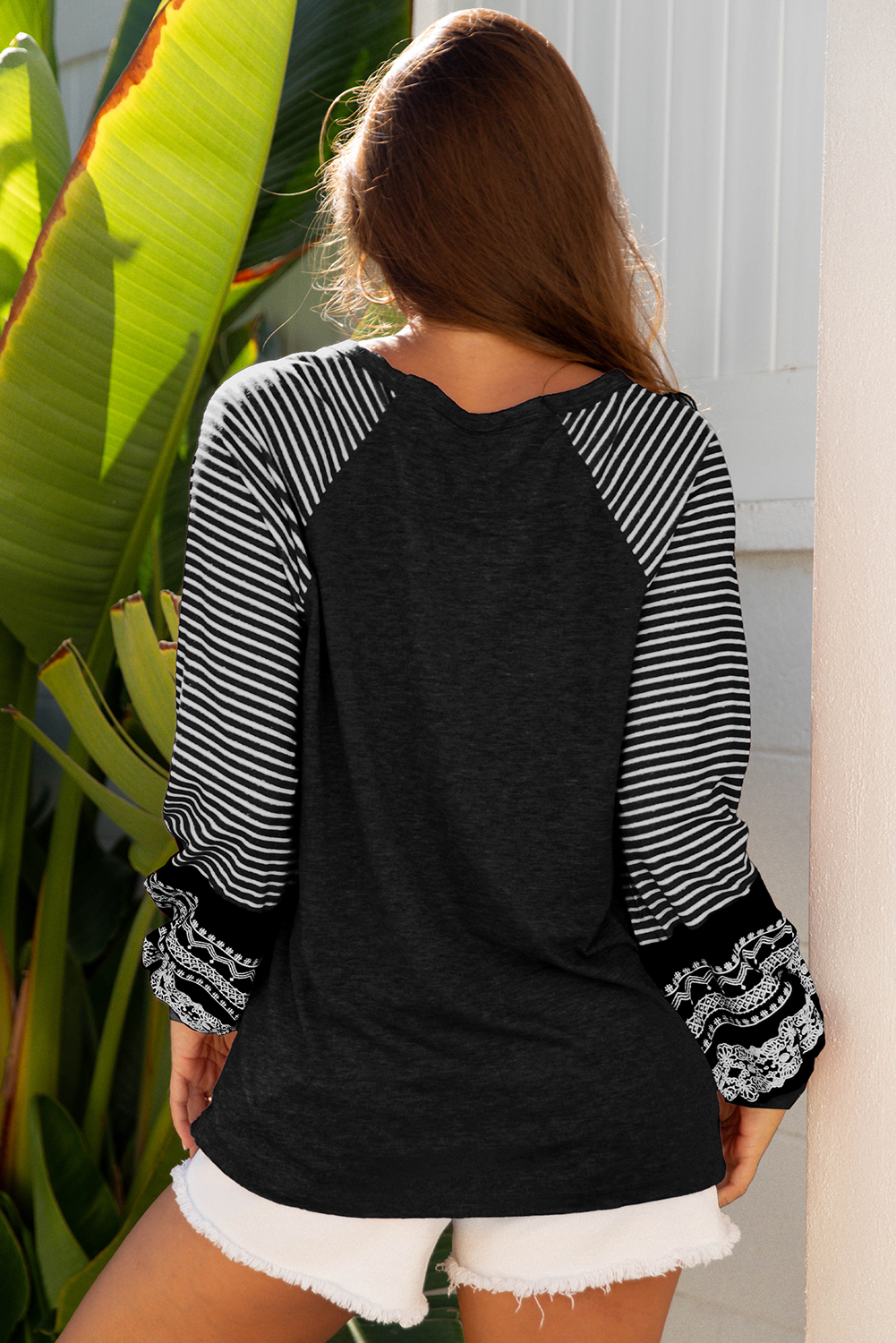 Tillandsia Purple Contrast Print Striped Raglan Long Sleeve Loose Top