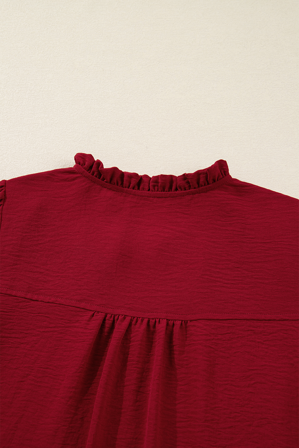 Burgundy Notched Neck Shirred Cuff Long Sleeve Blouse