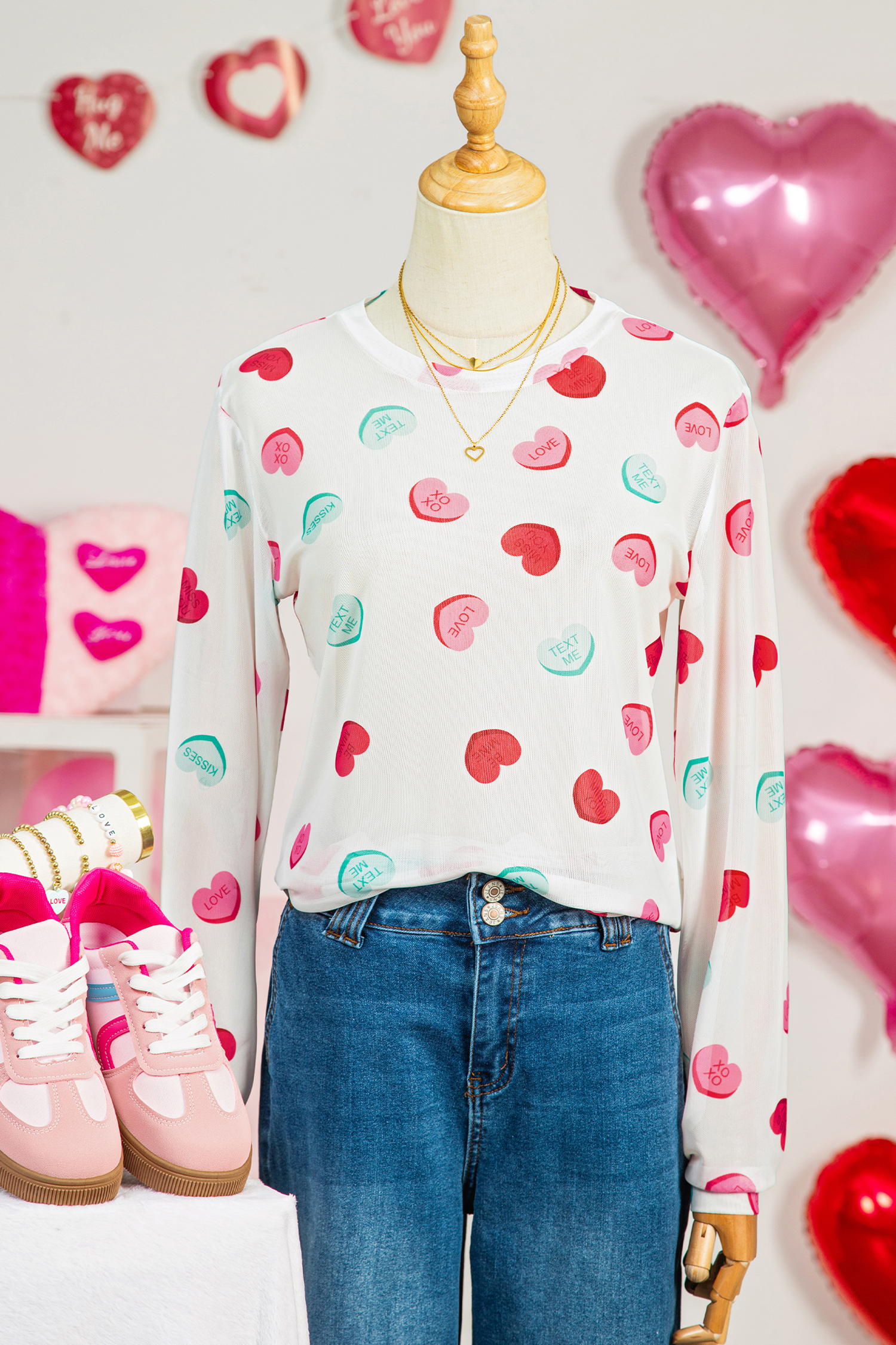 White Sheer Mesh Valentines Slogan Heart Printed Long Sleeve Top