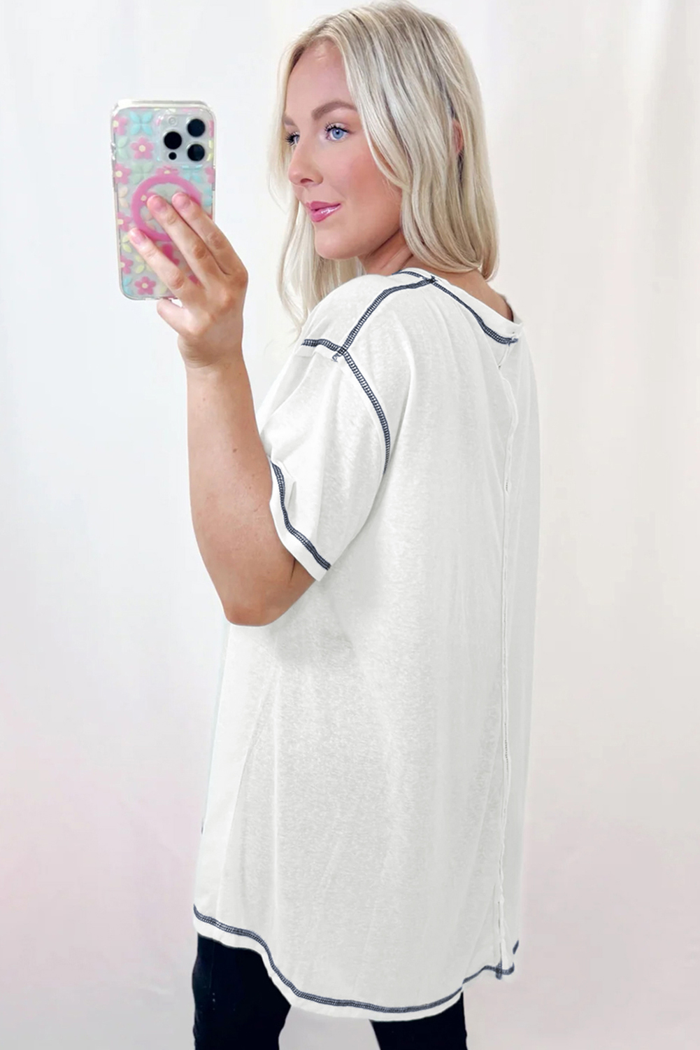 White Contrast Exposed Stitching Relaxed Fit T Shirt