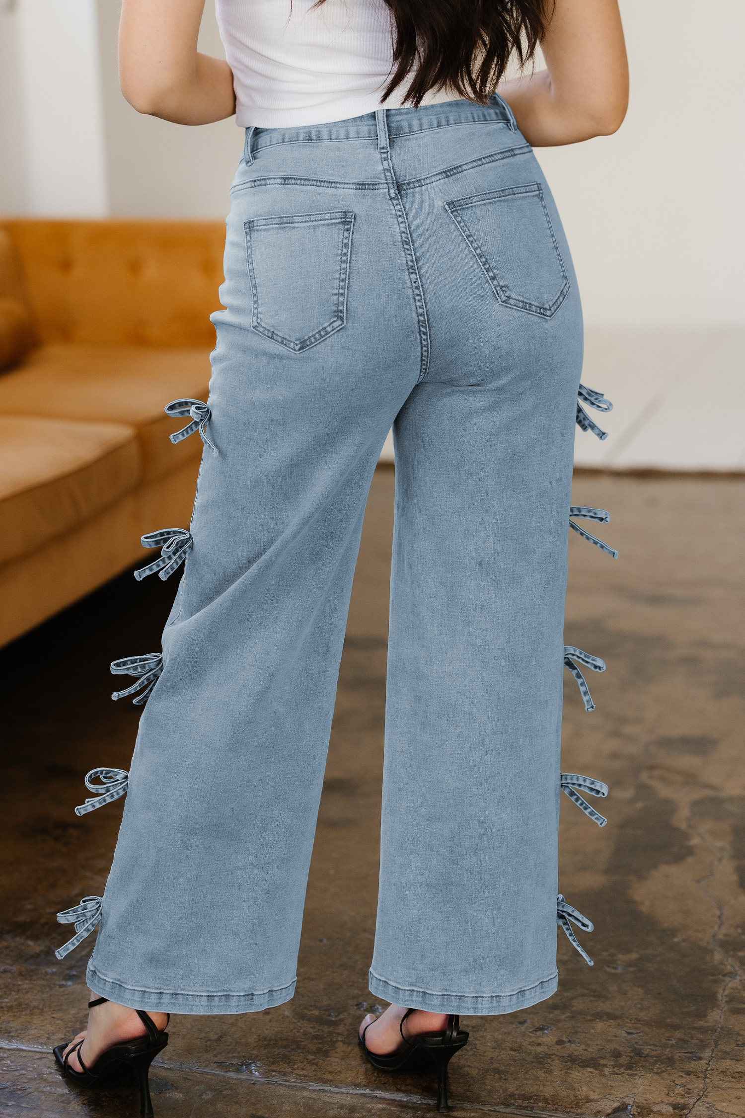 White Bow Knot Side Detail Straight Leg Loose Jeans