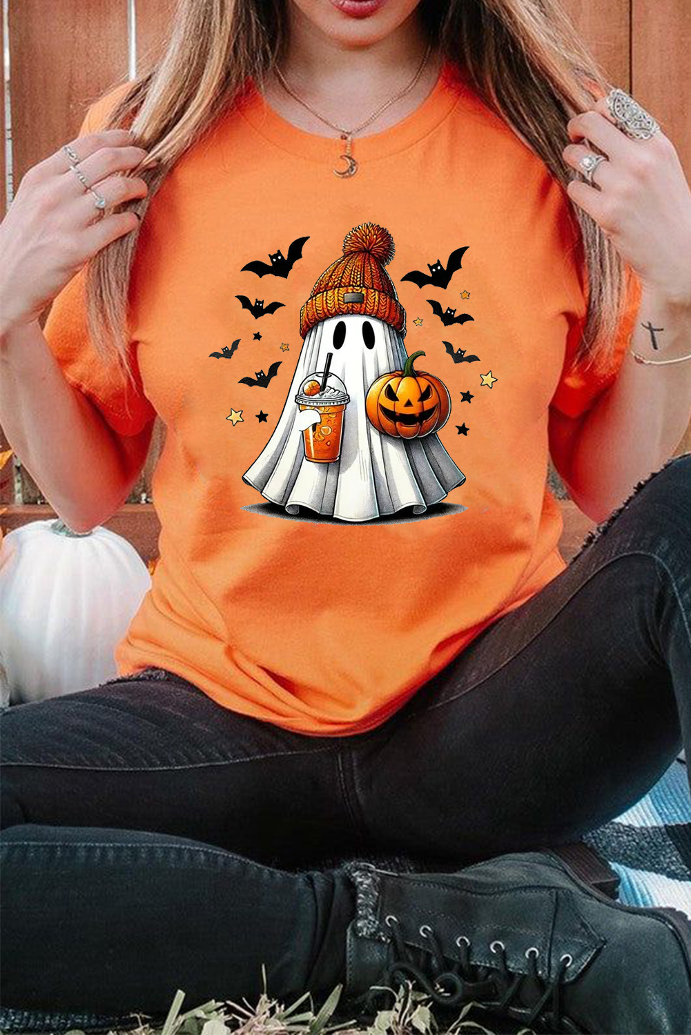 Orange Playful Halloween Ghost Pumpkin Print Womens Casual Tee
