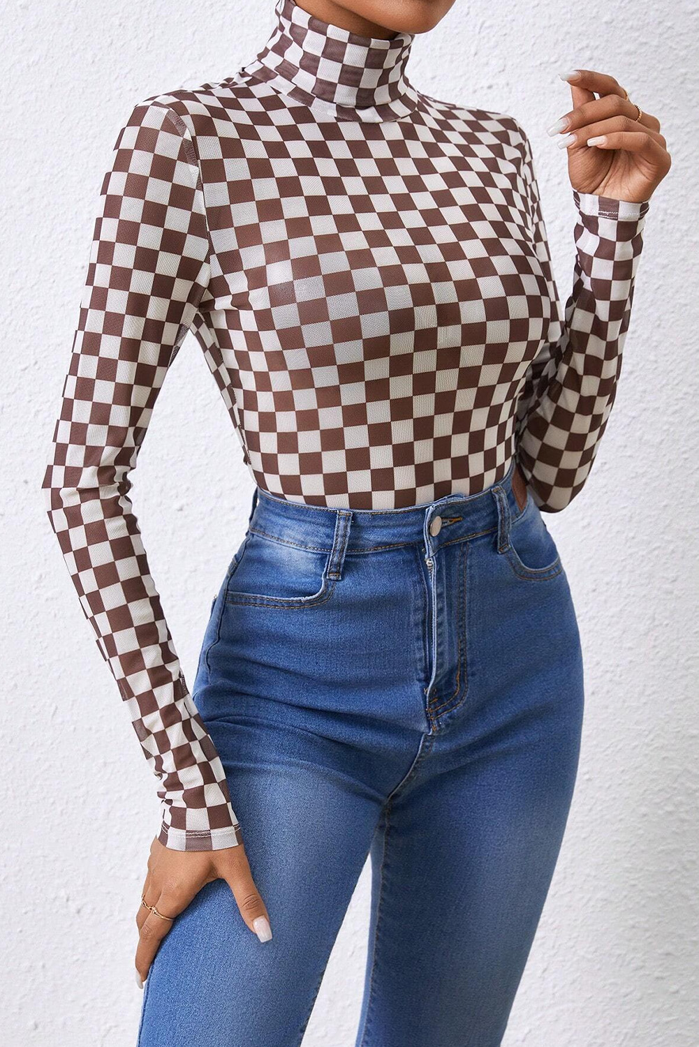 Khaki Checkered Pattern Mesh Mock Neck Long Sleeve Top