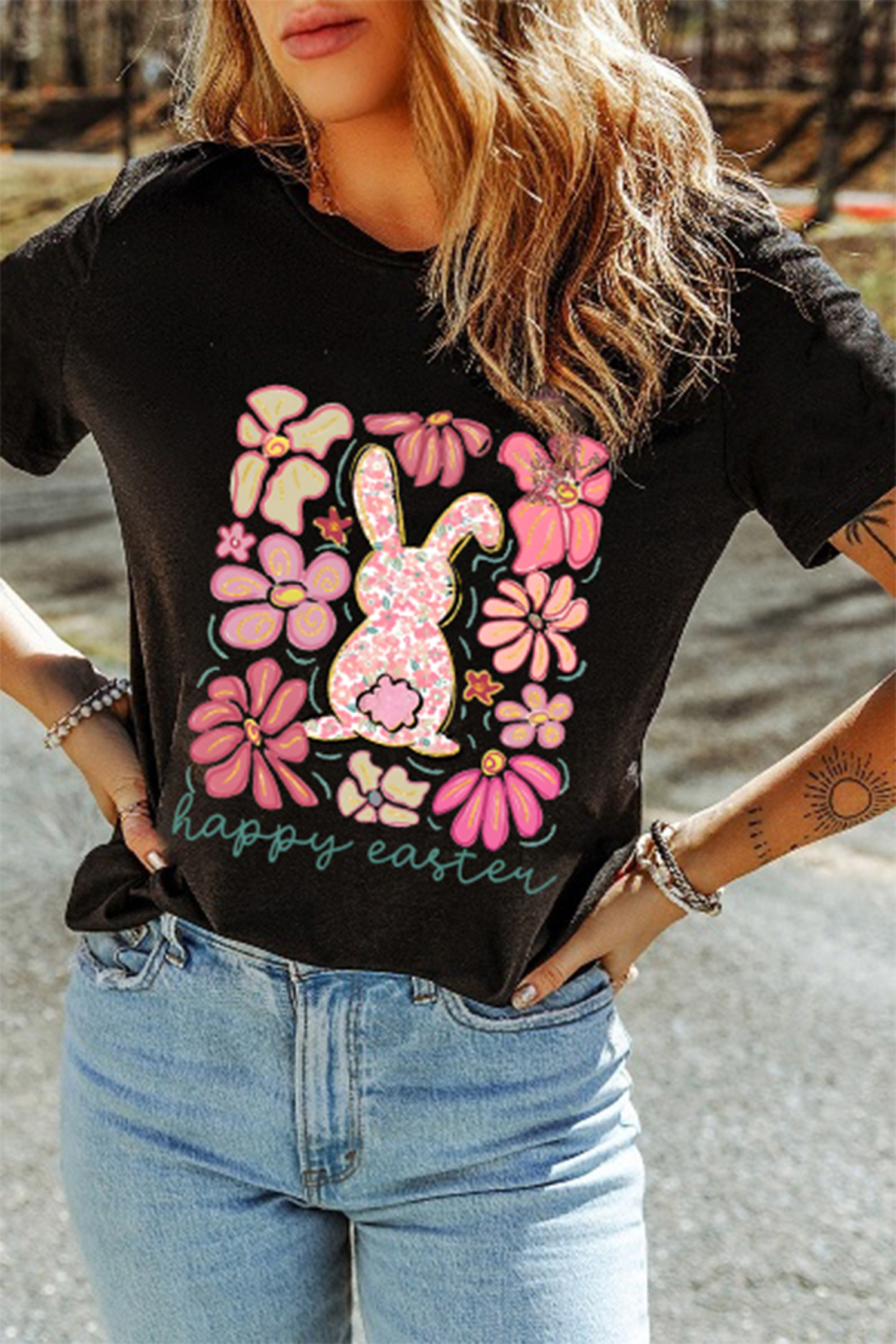 Black Happy Easter Bunny Flower Printed Casual Tee