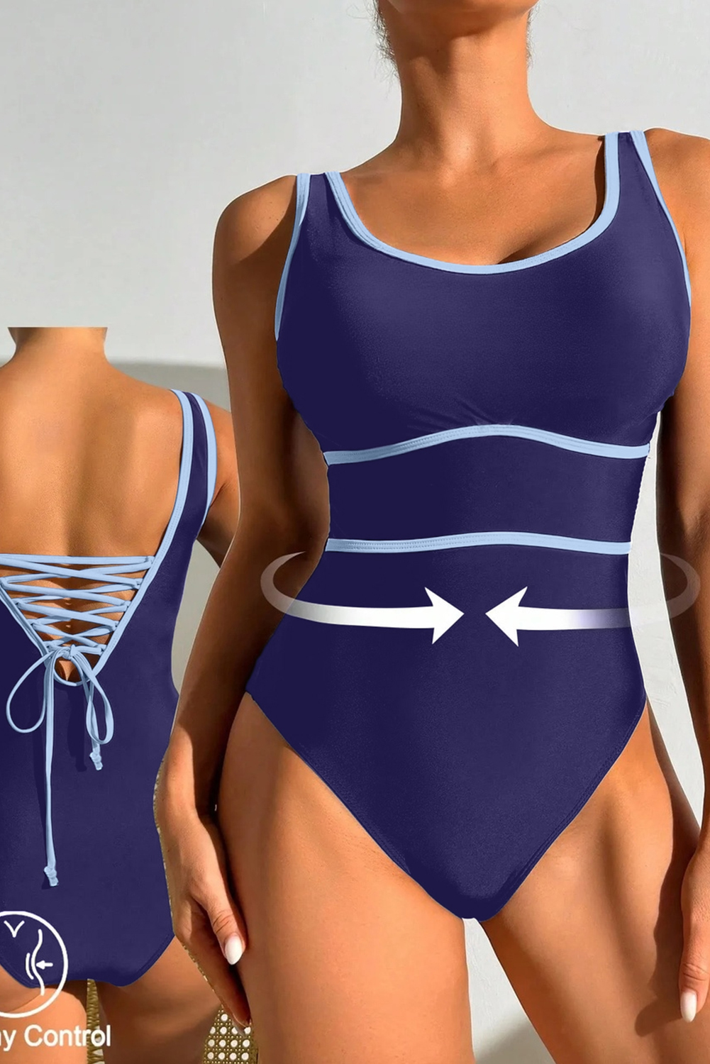 Navy Blue Contrast Trim Lace-up Back One Piece Swimsuit