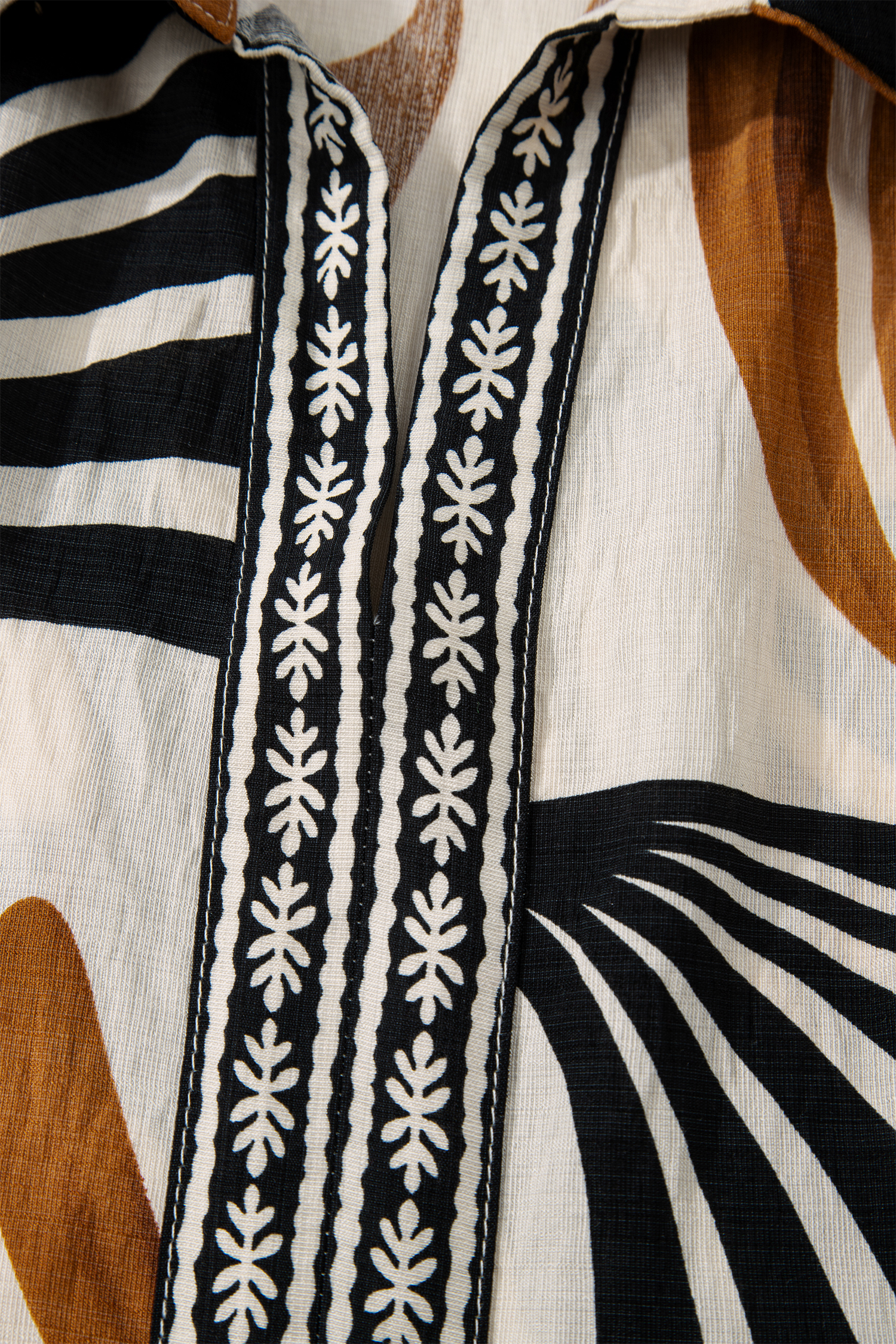 Brown Tropical Printed Contrast Trim Neck Long Sleeve Ruffle Hem Dress