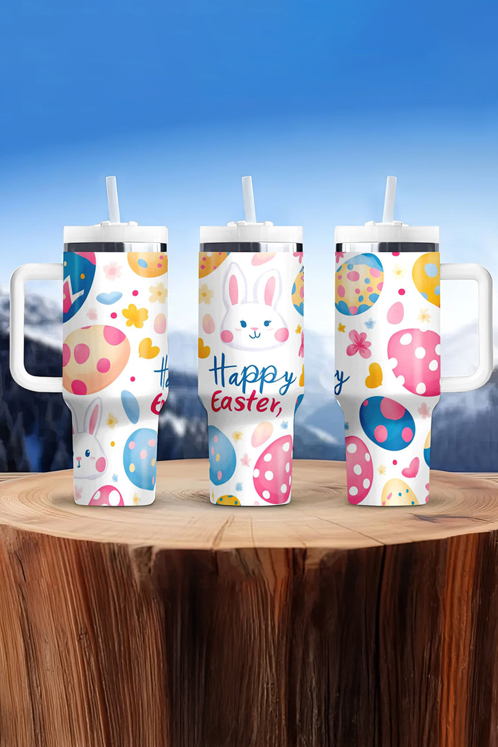 White Happy Easter Bunny Eggs Printed Thermal Tumbler
