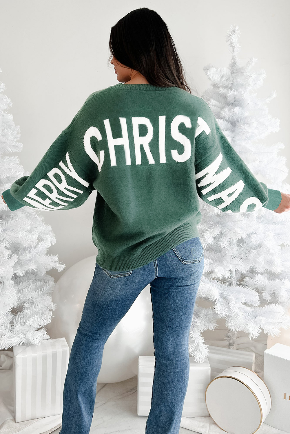 White Chenille Graphic Drop Shoulder Holiday Sweater