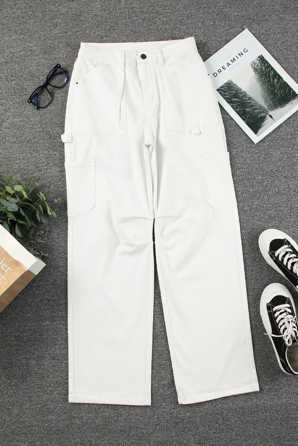 White High Waist Straight Leg Cargo Pants with Pockets