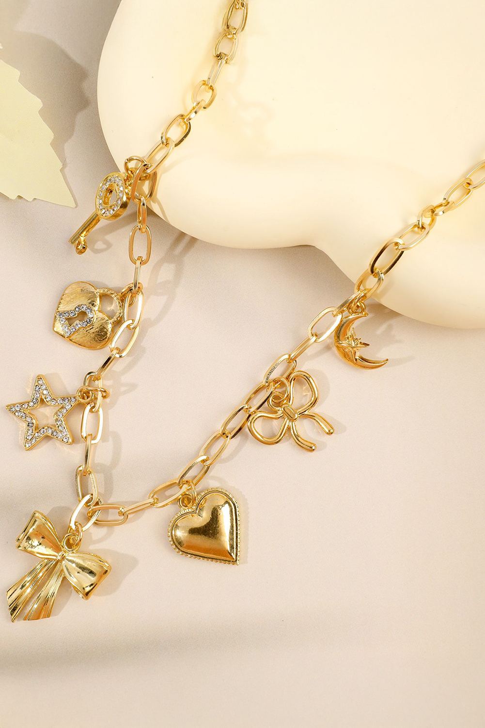 Gold Bow Heart Star Key Charm Alloy Adjustable Chain Necklace