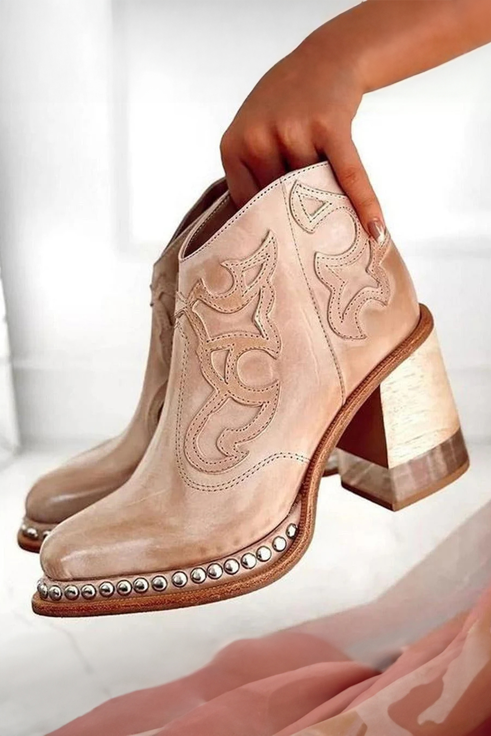 Light French Beige Western Embroidered PU Leather Studded Detail High Heel Ankle Boots