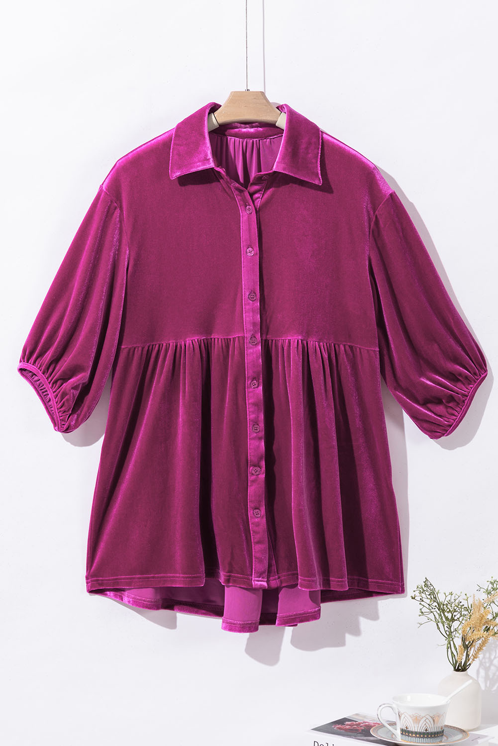 Burgundy 3/4 Sleeve Tunic Babydoll Velvet Shirt