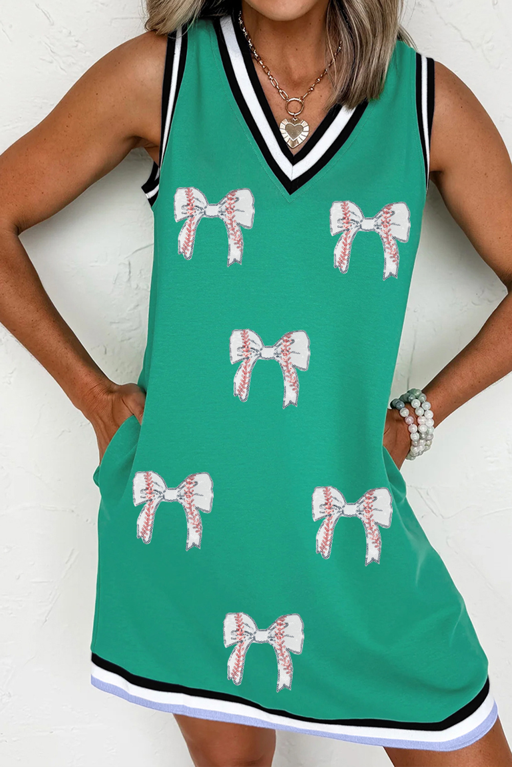 Mint Green Varsity Contrast Striped V Neck Long Sleeve T Shirt Dress with Pockets