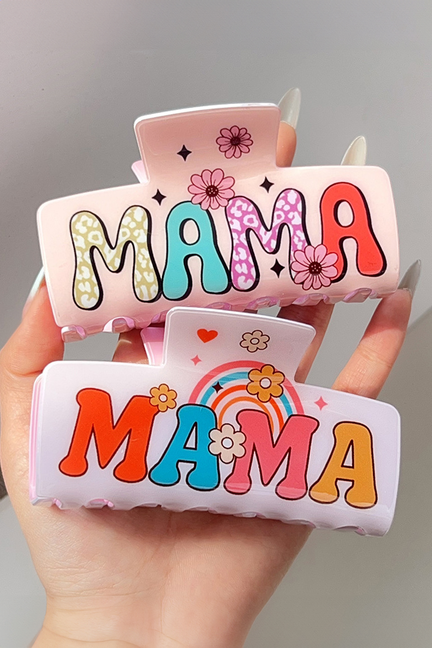 Pink MAMA Flower Printed Acrylic Large Square Hair Claw Clip