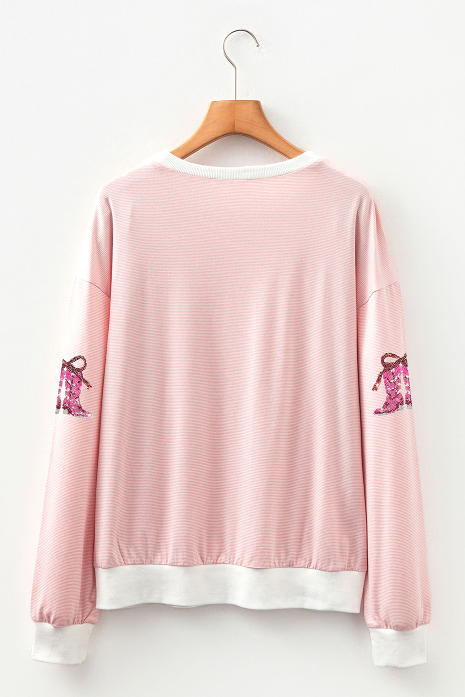 Pink Stripe Cowgirl Boots Sequin Pattern Round Neck Long Sleeve T Shirt