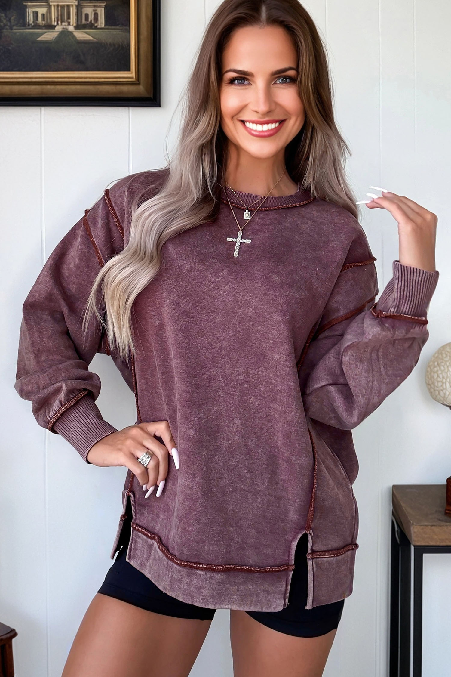 Valerian Mineral Wash Exposed Seam Side Slit Sweatshirt