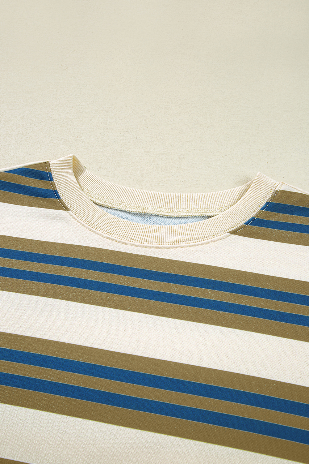 Khaki Stripe Crew Neck Drop Shoulder Pullover Sweatshirt