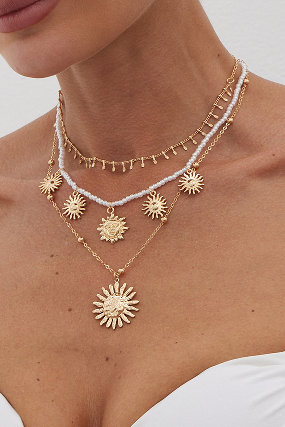 Gold Plated Alloy Pearl 3pcs Sun Goddess Necklace Set