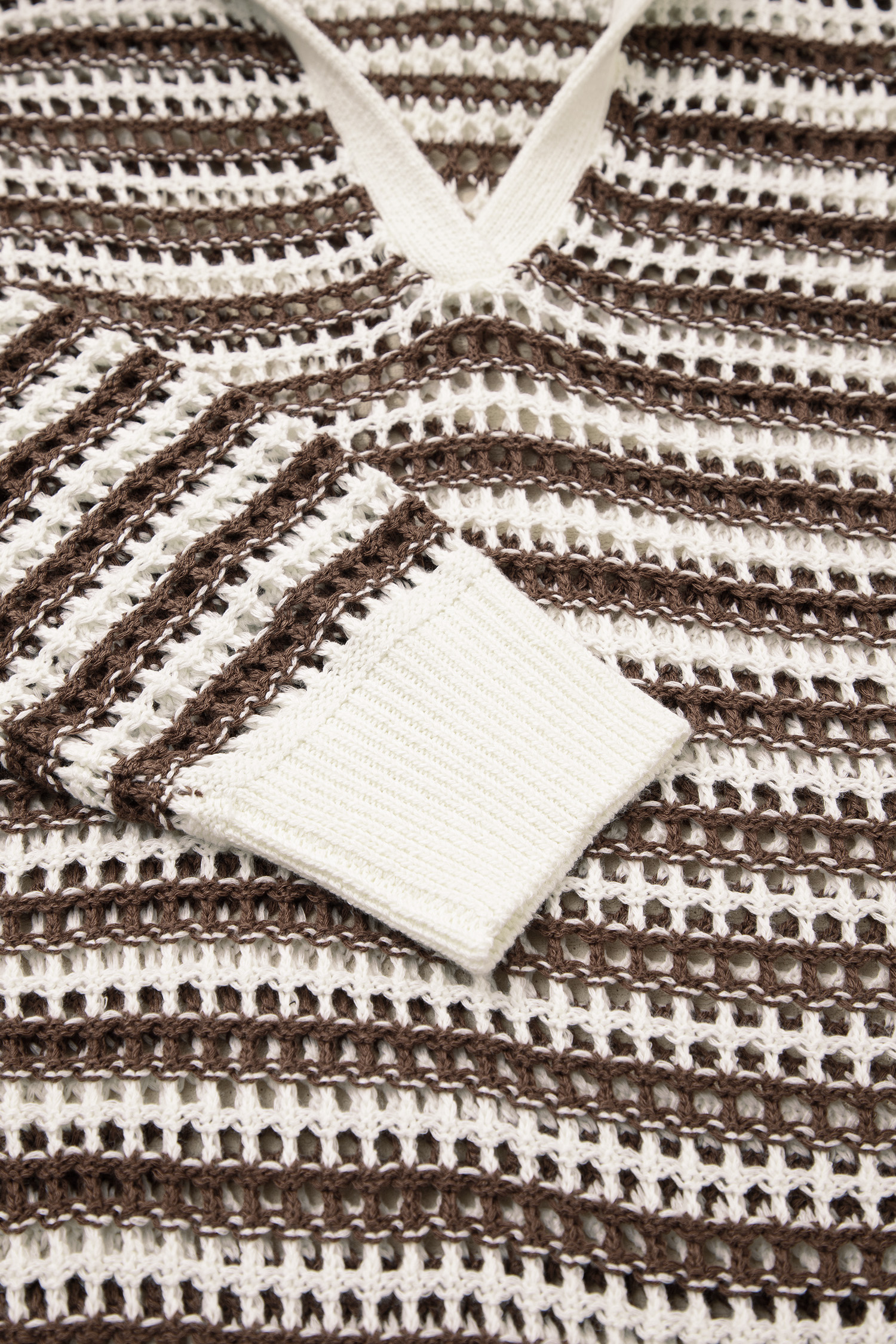 Brown Stripe Eyelet Hollow-out Contrast Collared Pullover Chic Sweater