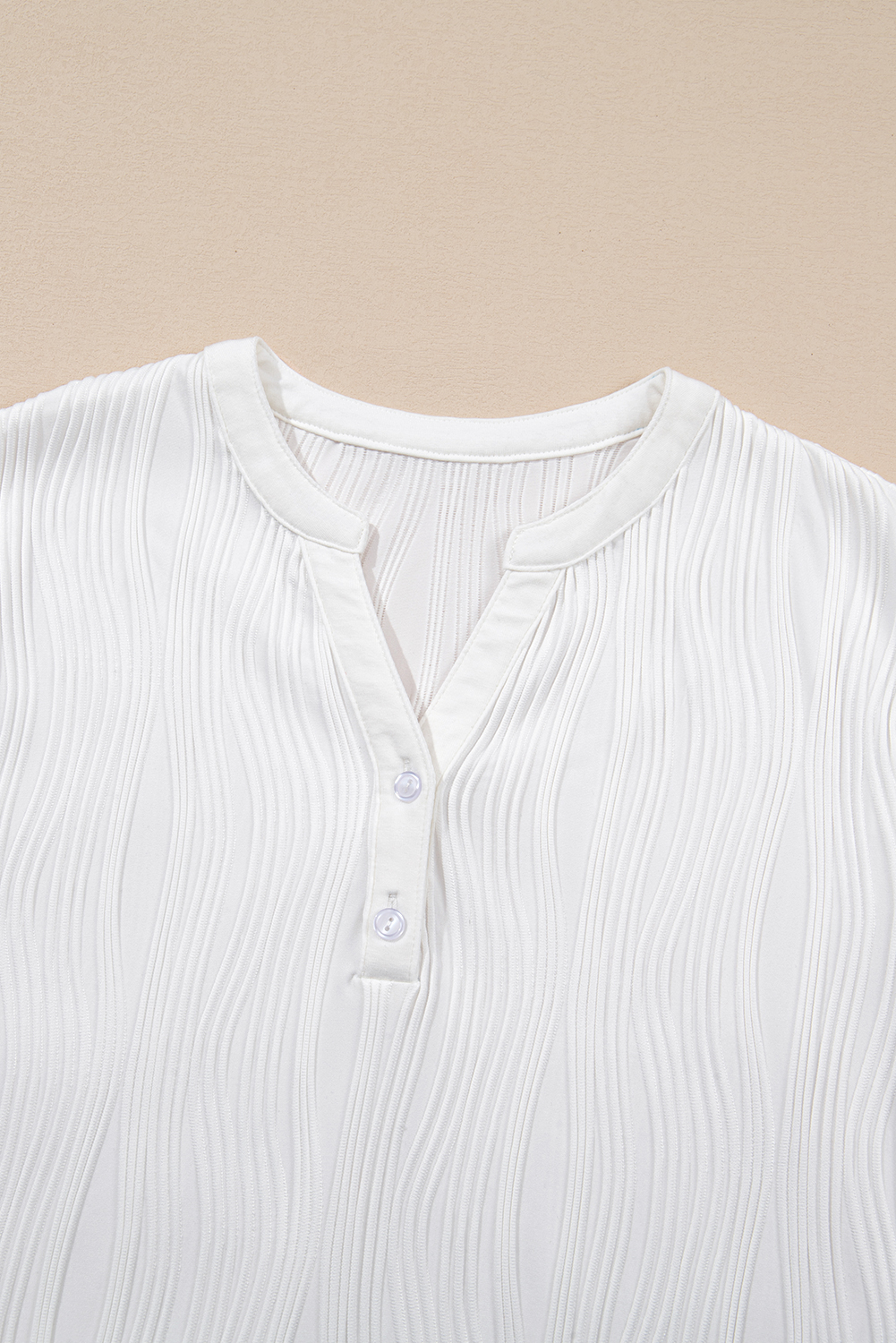 White Wavy Textured Button V Neck Tee