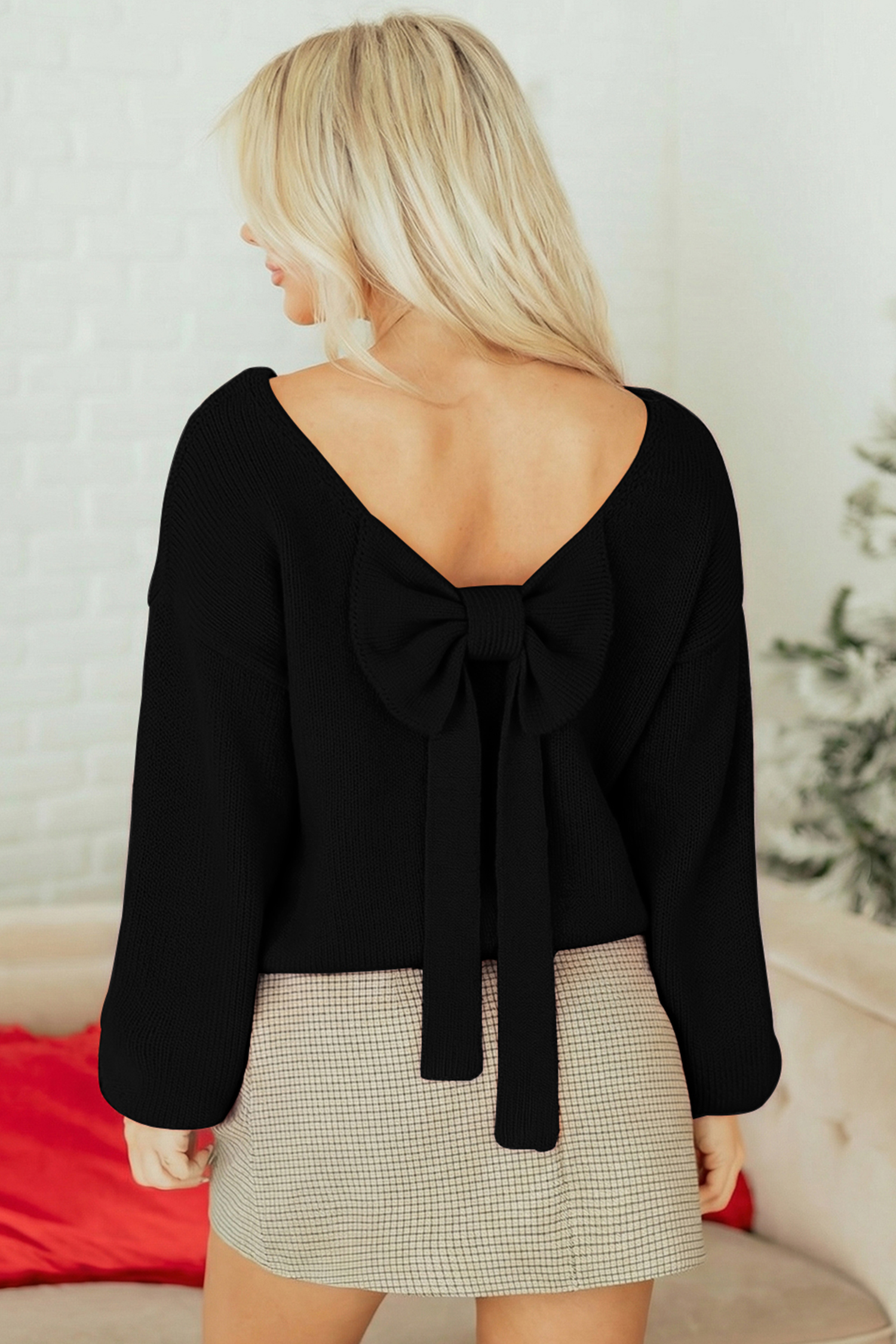Bonbon Festive Bow Backless Bubble Sleeve Sweater