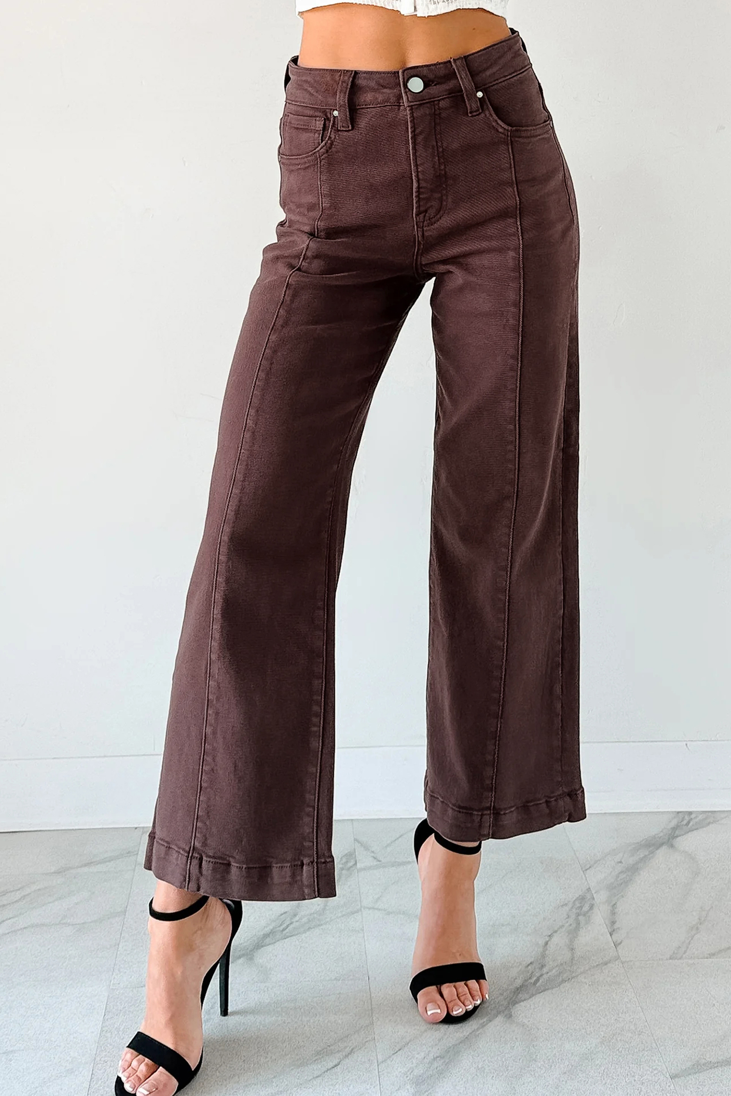 Apricot Solid Color Seamed Center Wide Leg Cropped Jeans