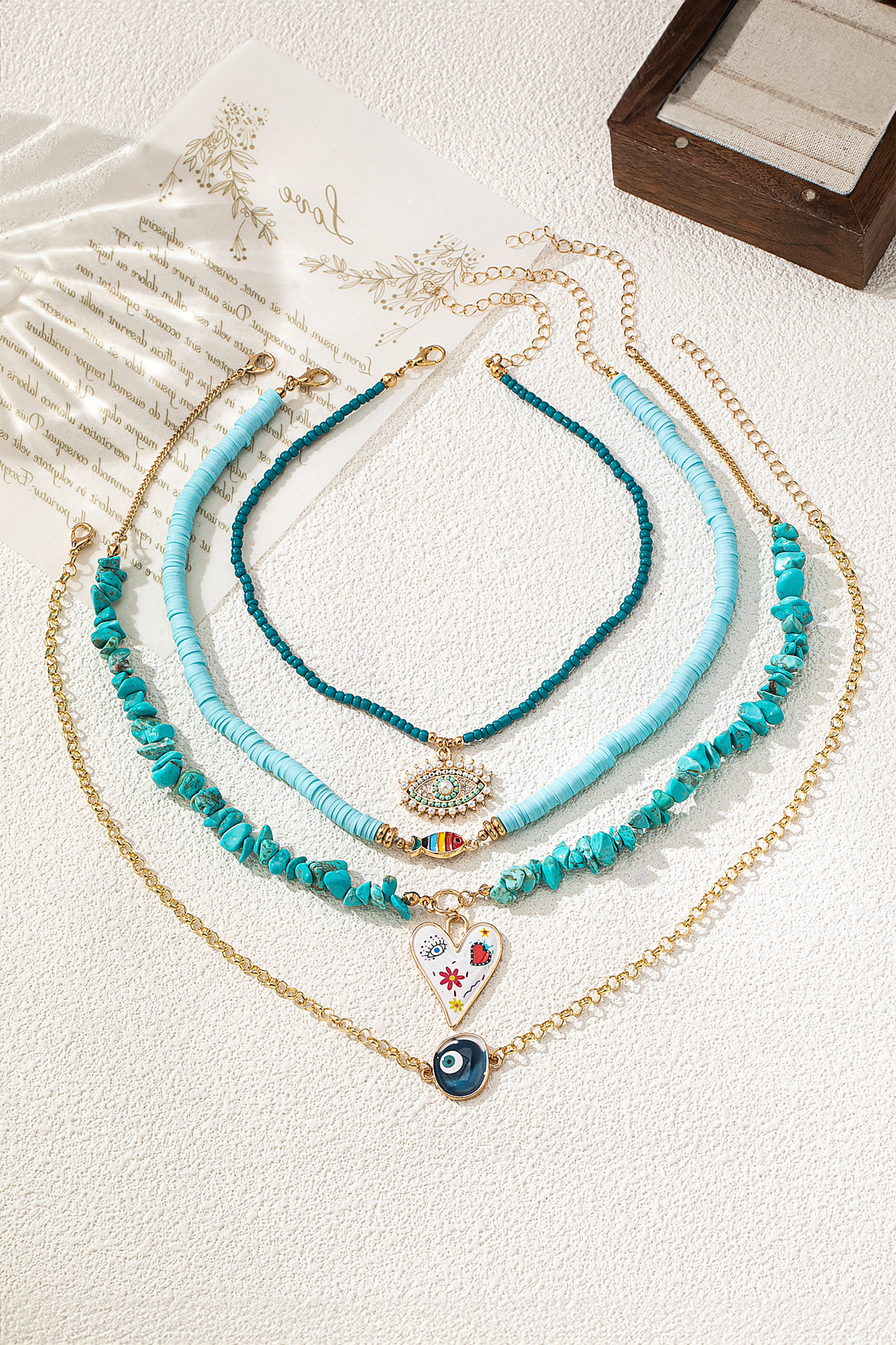 Turquoise 4 Pieces Stackable Boho Necklace Set