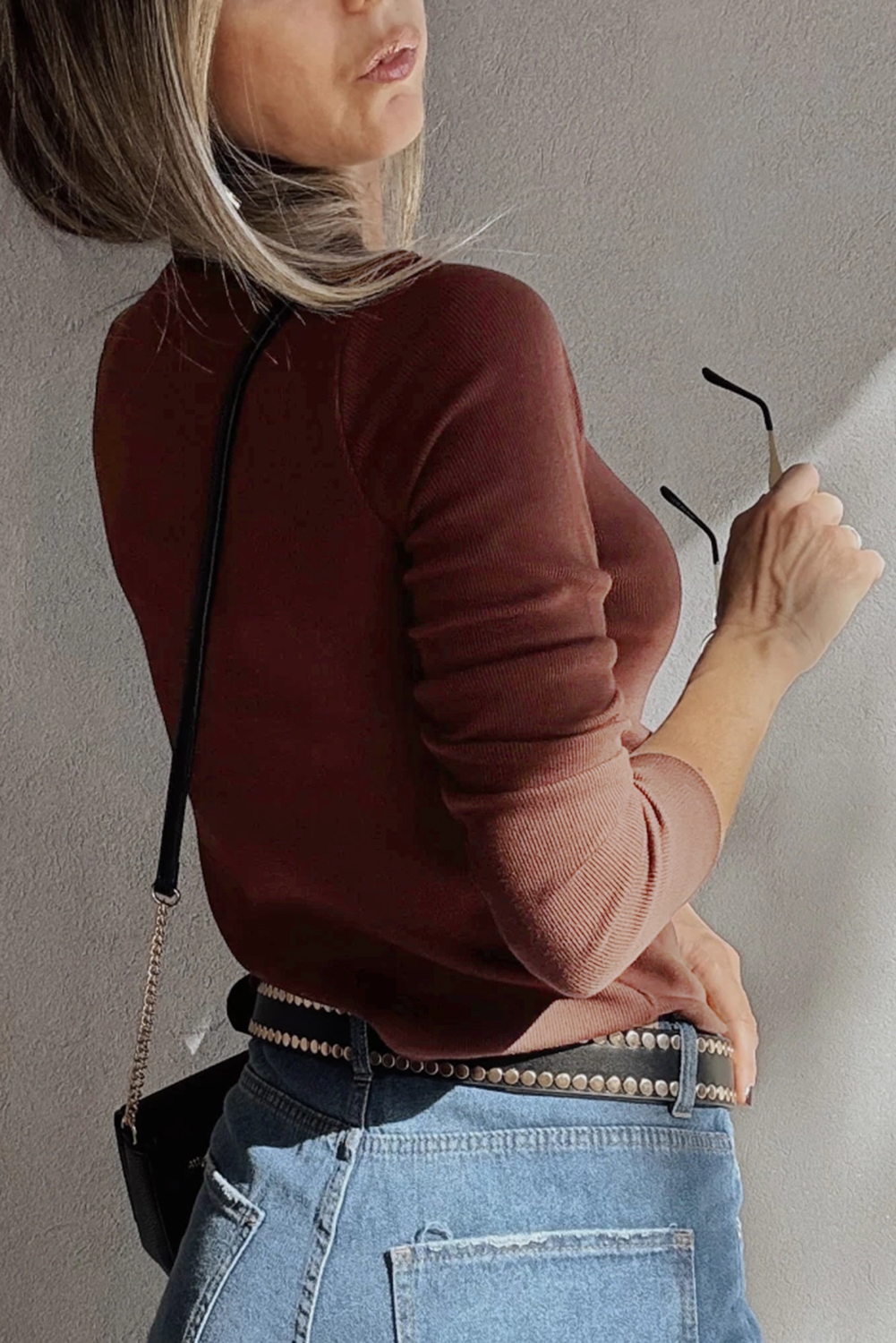 Burgundy Gathered Bust Square Neck Ribbed Fit Long Sleeve Top