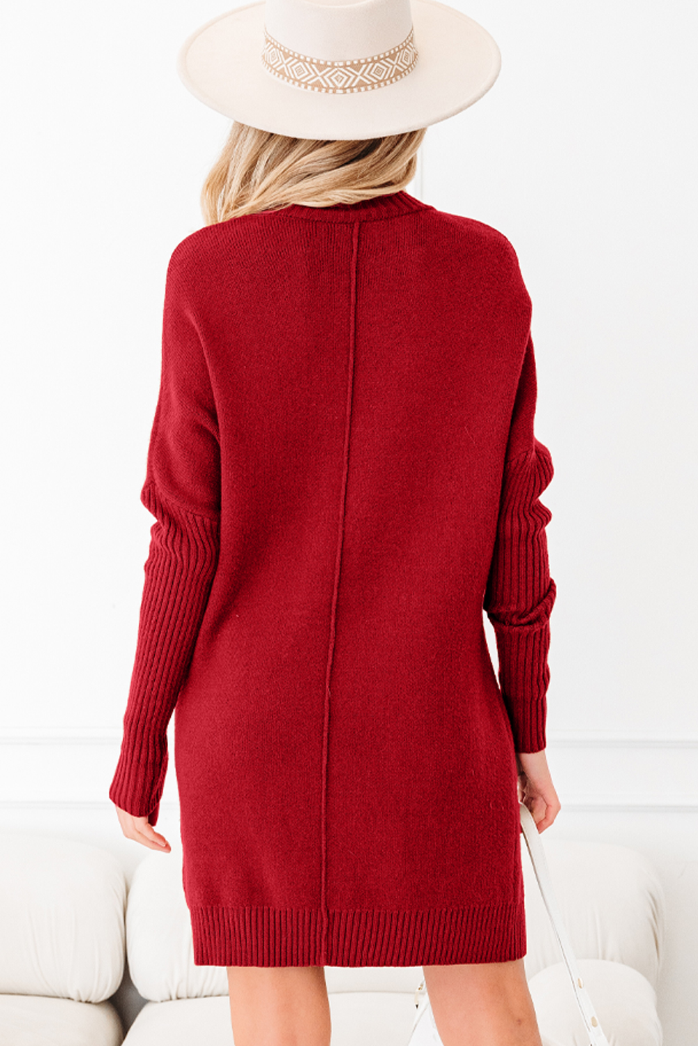 Fiery Red Ribbed High Neck Front Pockets Center Seam Shift Sweater Dress