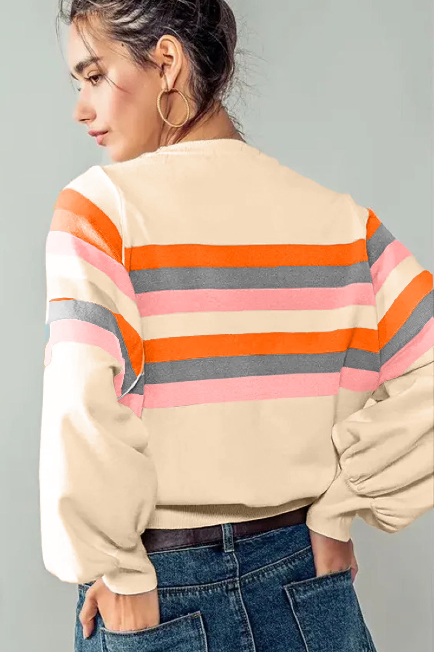 Beige Stripe Puff Sleeve Casual Pullover Sweatshirt