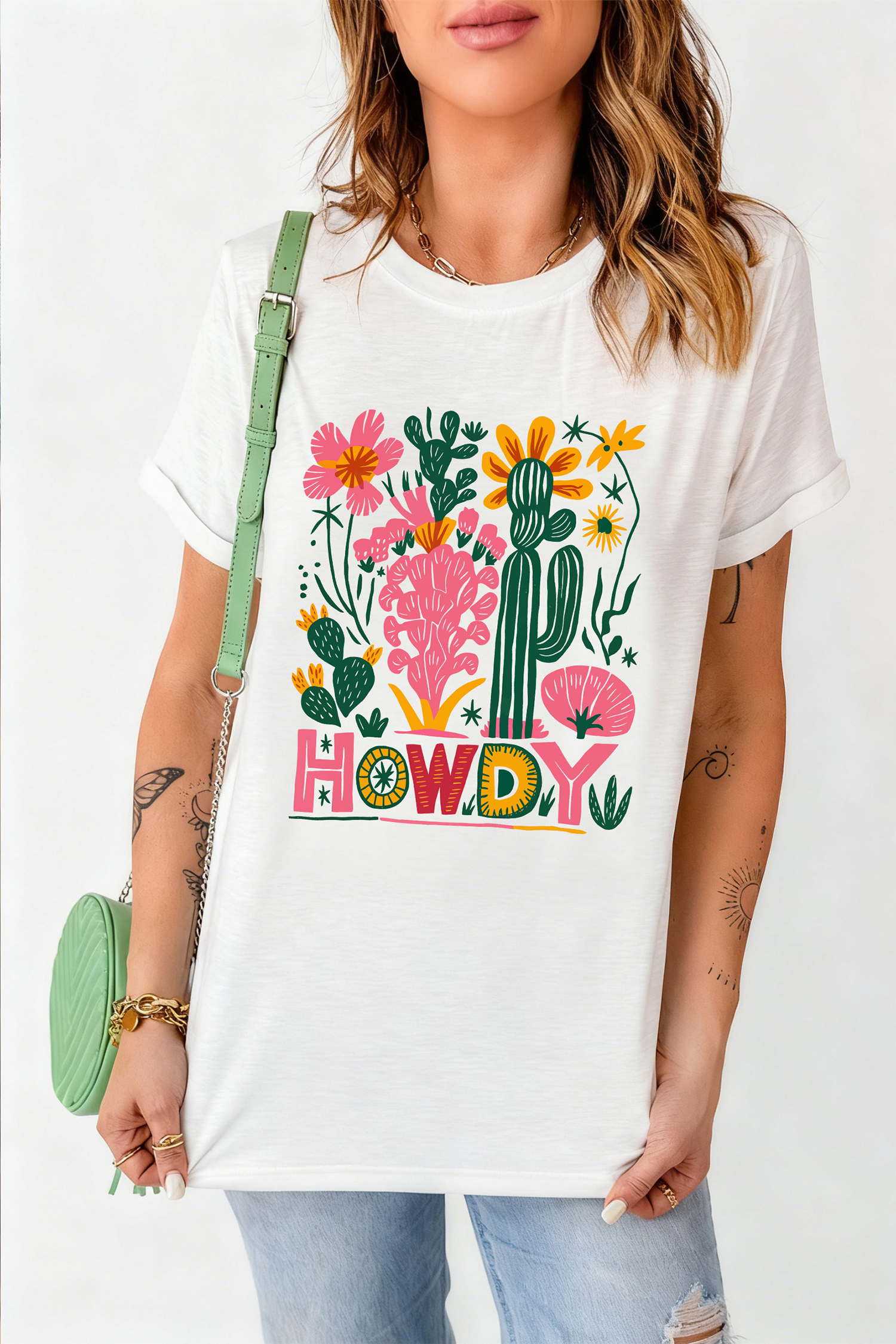 White HOWDY Cactus Flower Printed Cowgirl Fashion Tee