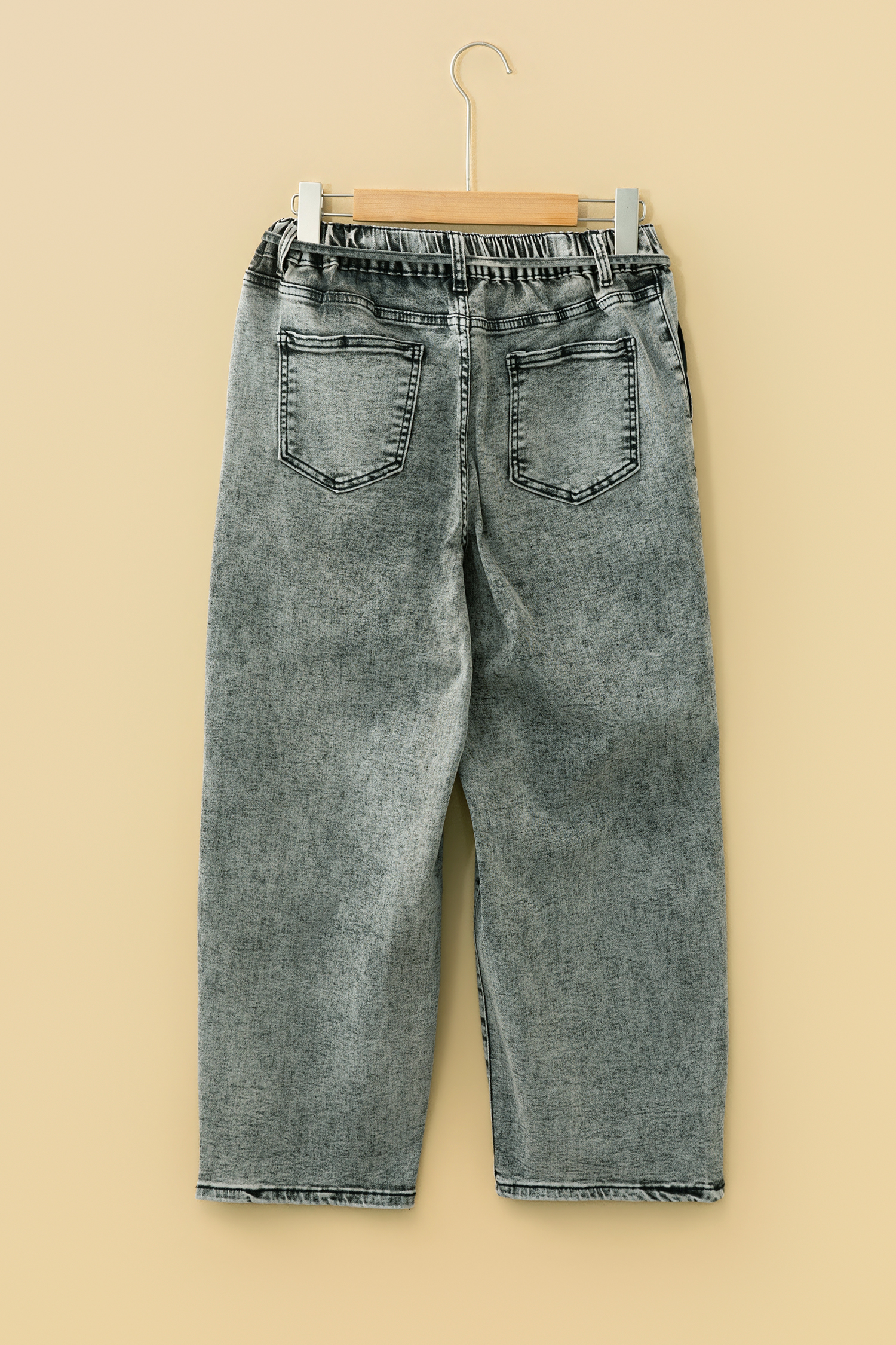 Smoke Gray Acid Wash Barrel Fit Denim Pants with Waist String