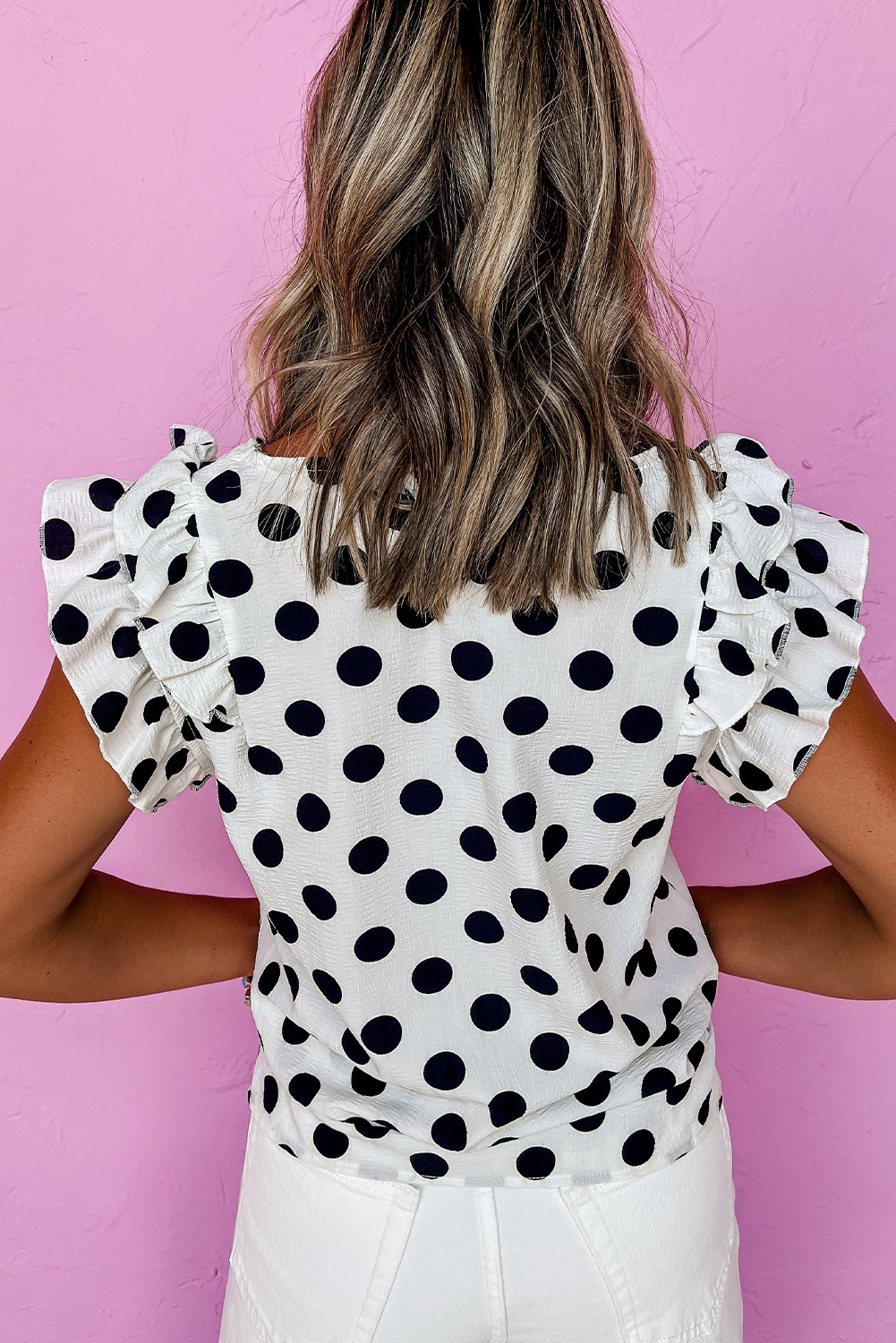 Black Polka Dot Print Ruffled Sleeve V Neck Blouse