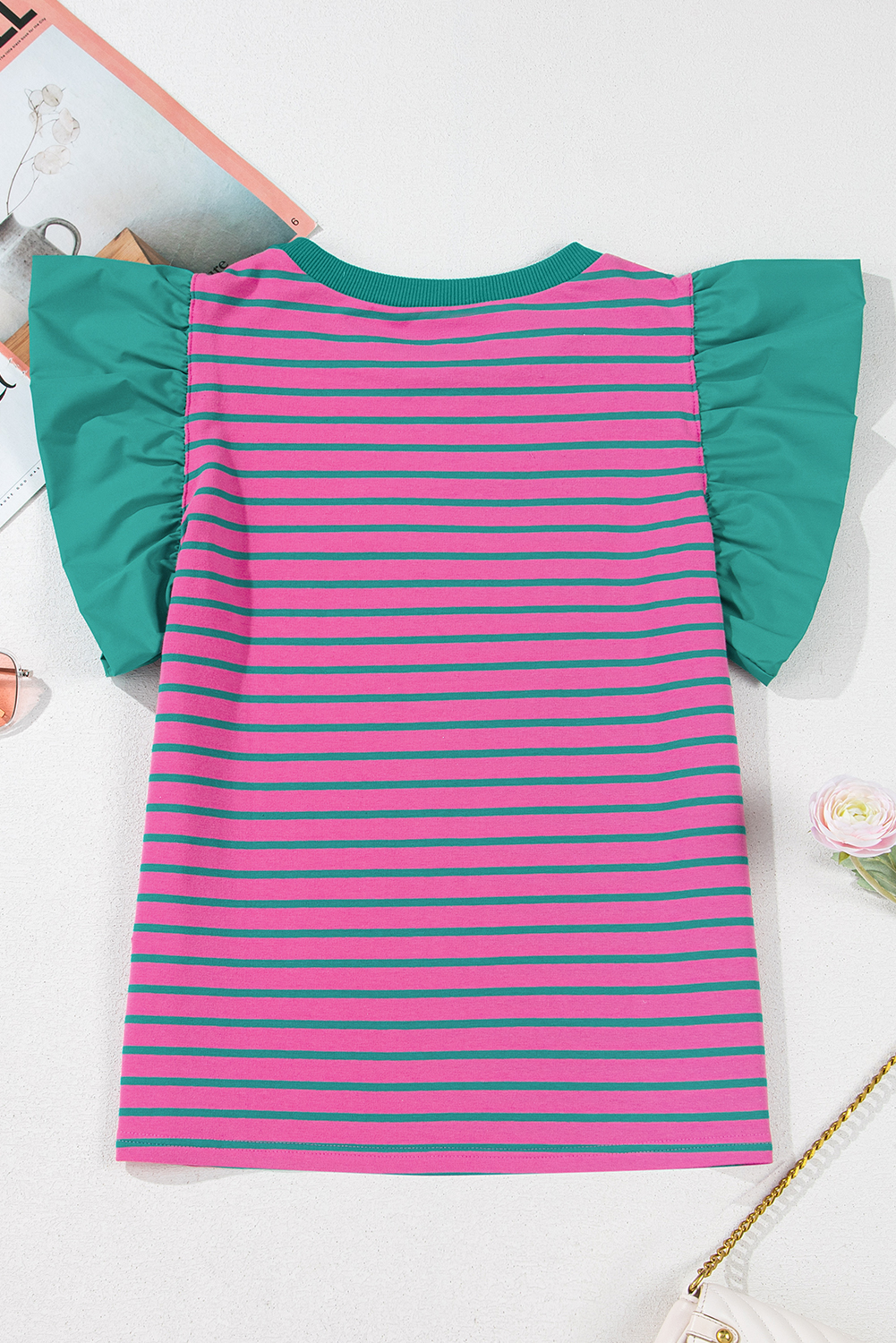 Pink Stripe Collared V Neck Puff Sleeve T Shirt Dress