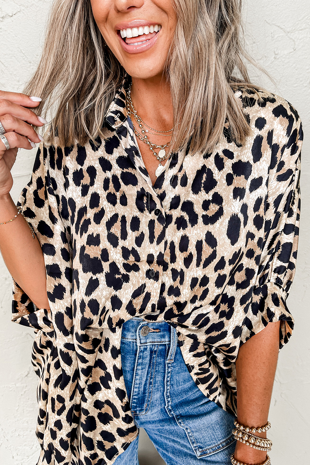 Beige Leopard Print Buttoned 3/4 Sleeve Loose Fit Shirt