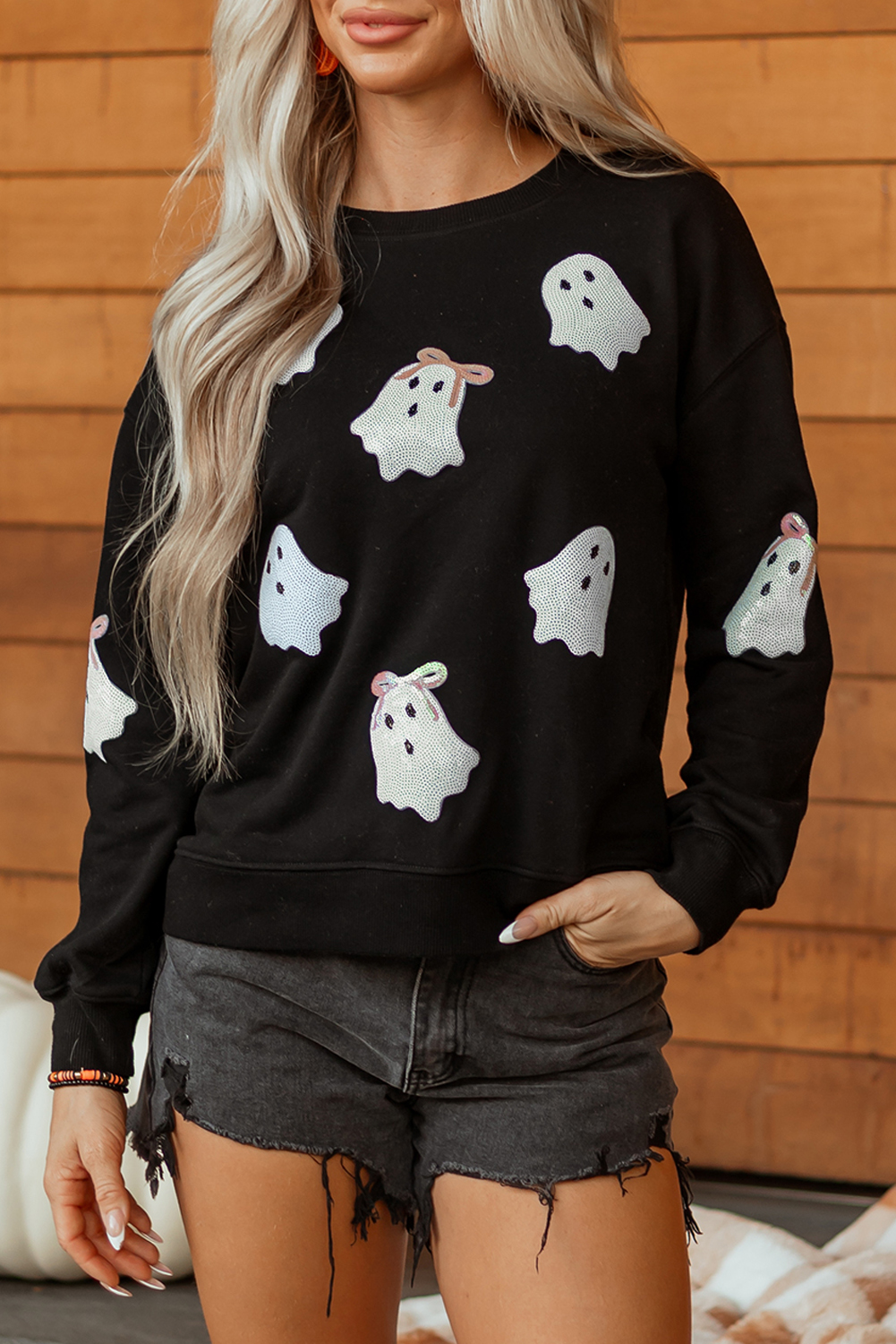 Wisteria Glitter Trim Chenille Ghost Patched Halloween Graphic Tee