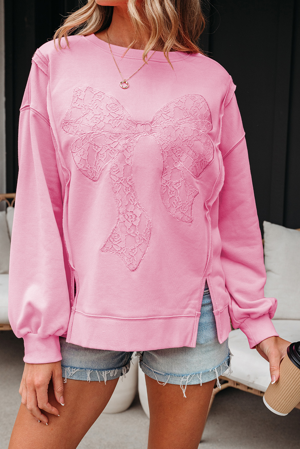 Bonbon Lace Insert Bow Embroidered Exposed Seam Sweatshirt