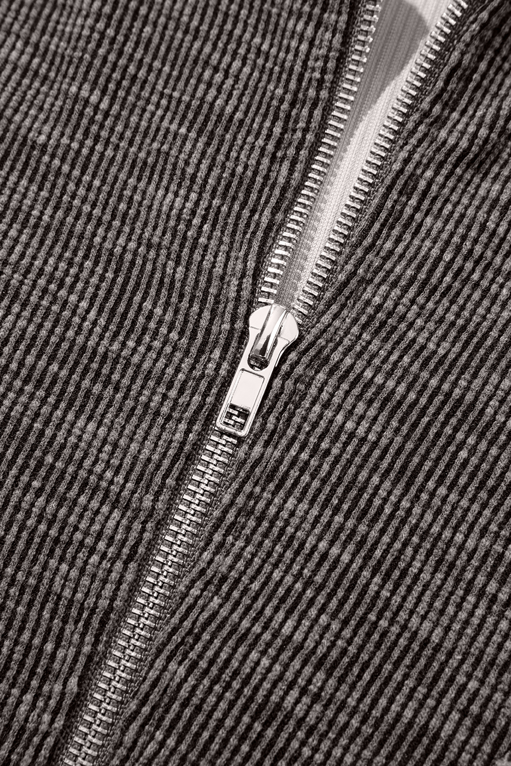 Khaki Ribbed Leopard Print Contrast Collar Zip Hooded Pullover Sweatshirt