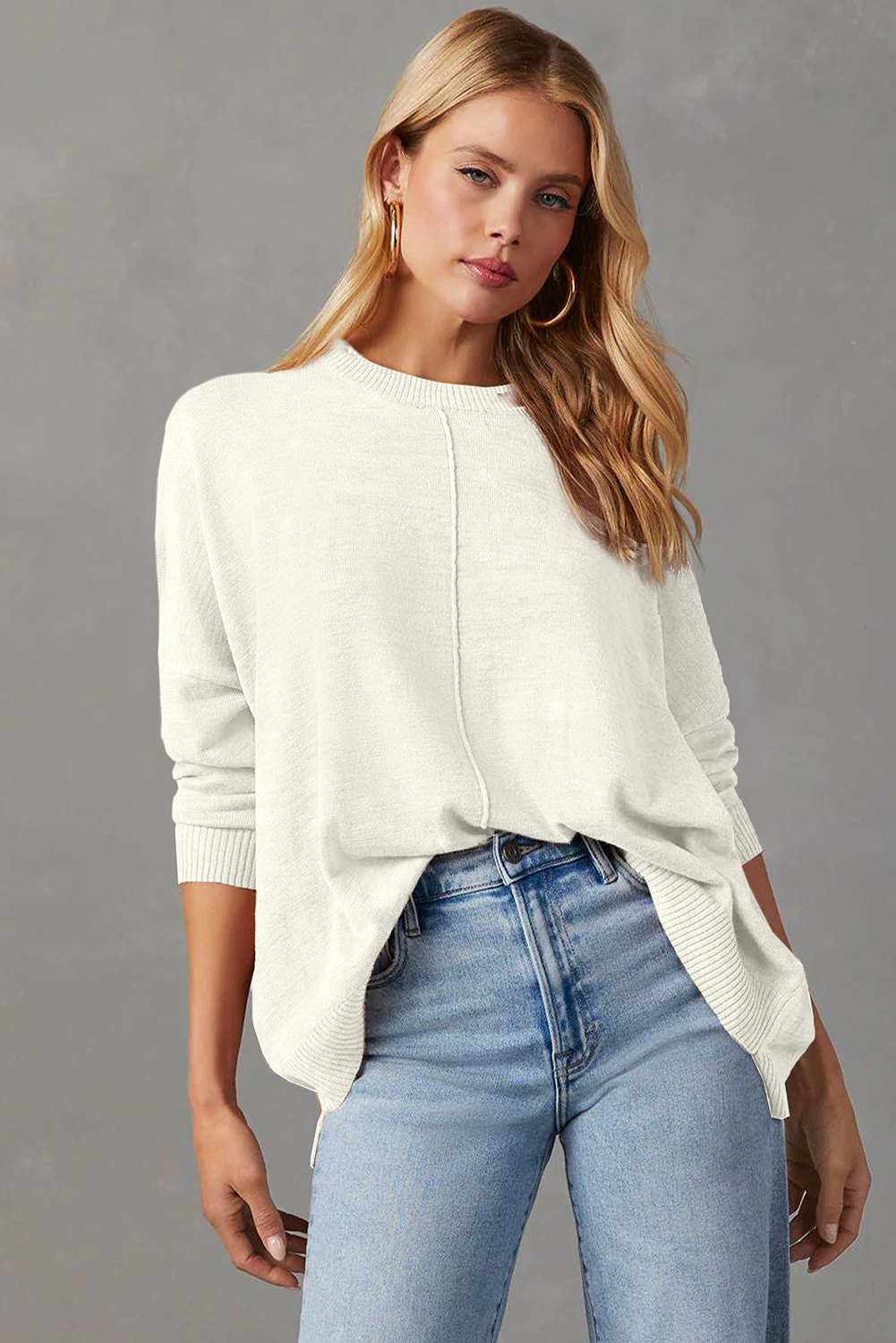 White Front Center Seam Drop Shoulder Pullover Solid Sweater