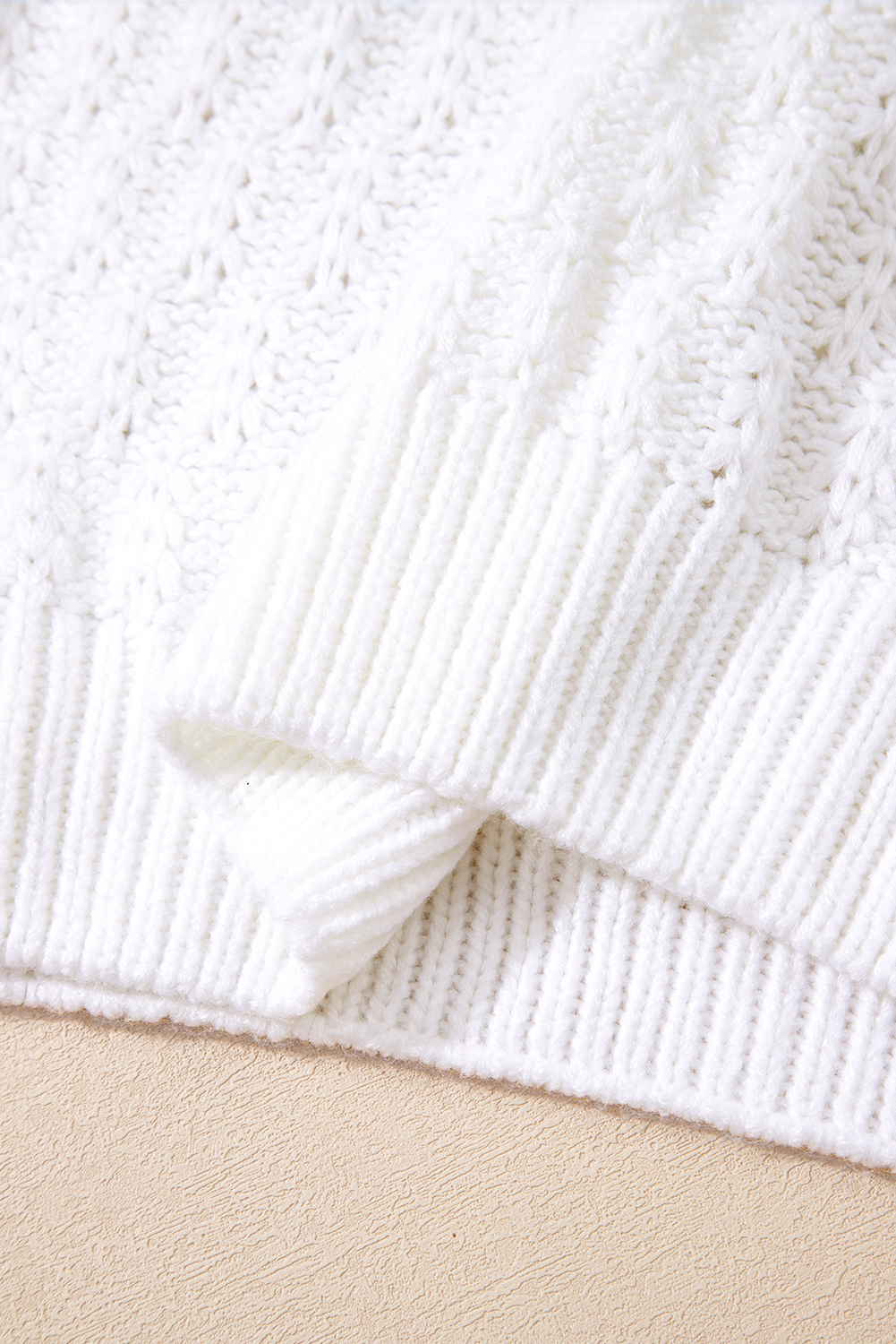 White Textured Knit Ribbed Edge V Neck Loose Sweater