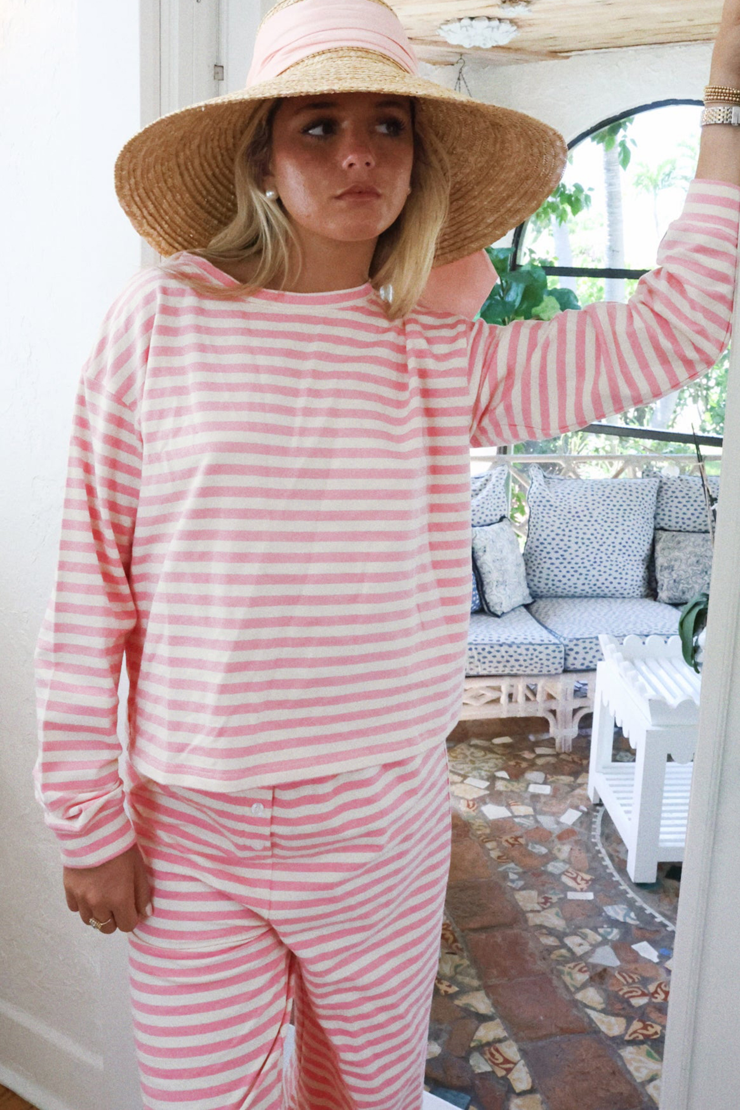 Rose Stripe Drop Shoulder Round Neck Top and Buttoned Straight Pants Two Piece Set