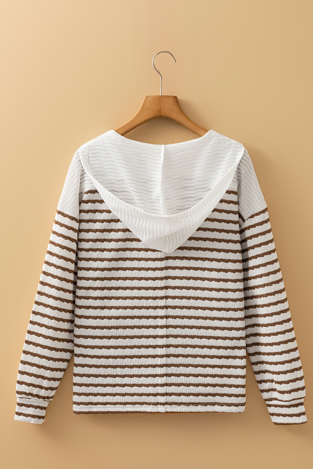 Khaki Stripe Textured Hooded V Neck Casual Long Sleeve Top