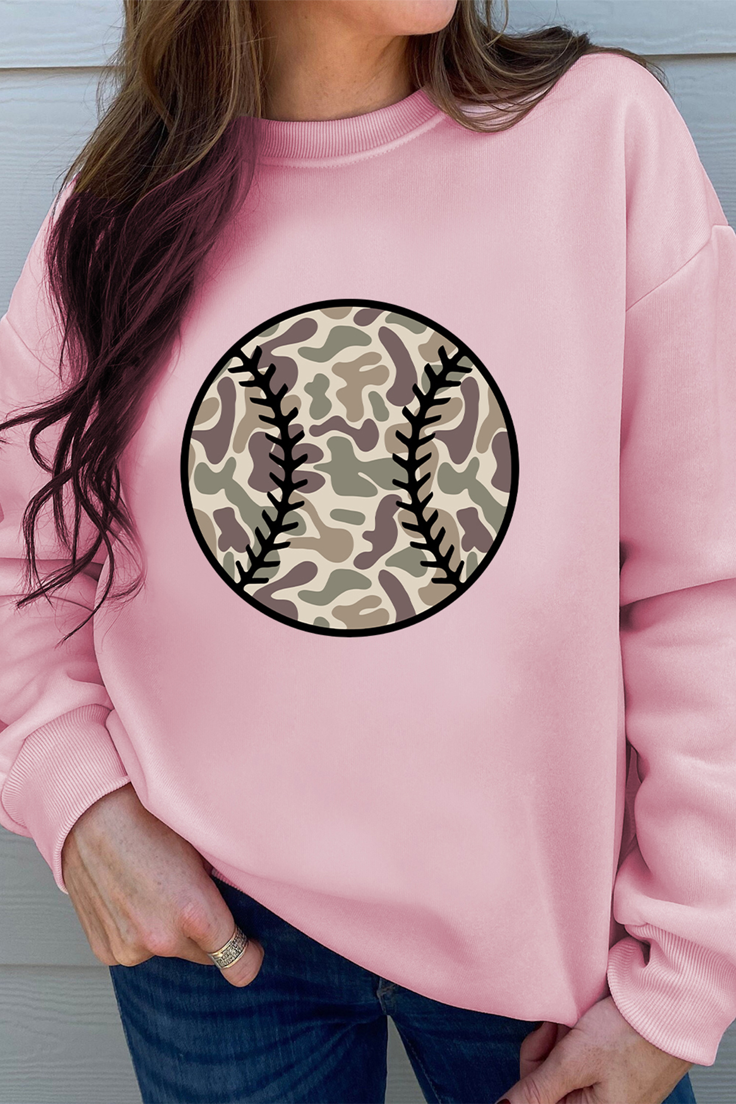 Pink Camouflage Baseball Dropped Shoulder Sweatshirt