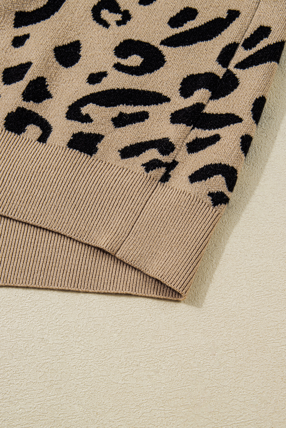 Dearlovers Brown Leopard Pattern Lace Ribbed Detail Button Cuffed Sweater